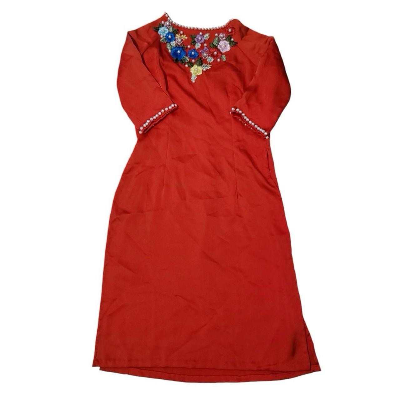 ***RARE*** VINTAGE 70’s RED BEADED ART DECO FLORAL MOD LONG FASHION SHIRT SZ 34