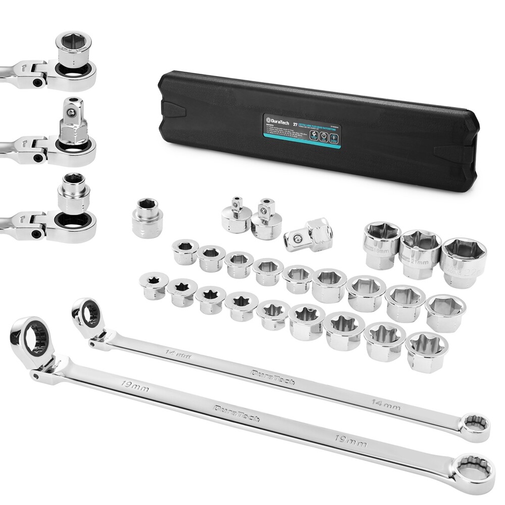 DURATECH 27PCS Extra Long Flex Head Ratcheting Wrench Set 8-22mm Socket Adapters DURATECH 27PCS Extra Long Flex Head Ratcheting Wrench Set 8-22mm Socket Adapters