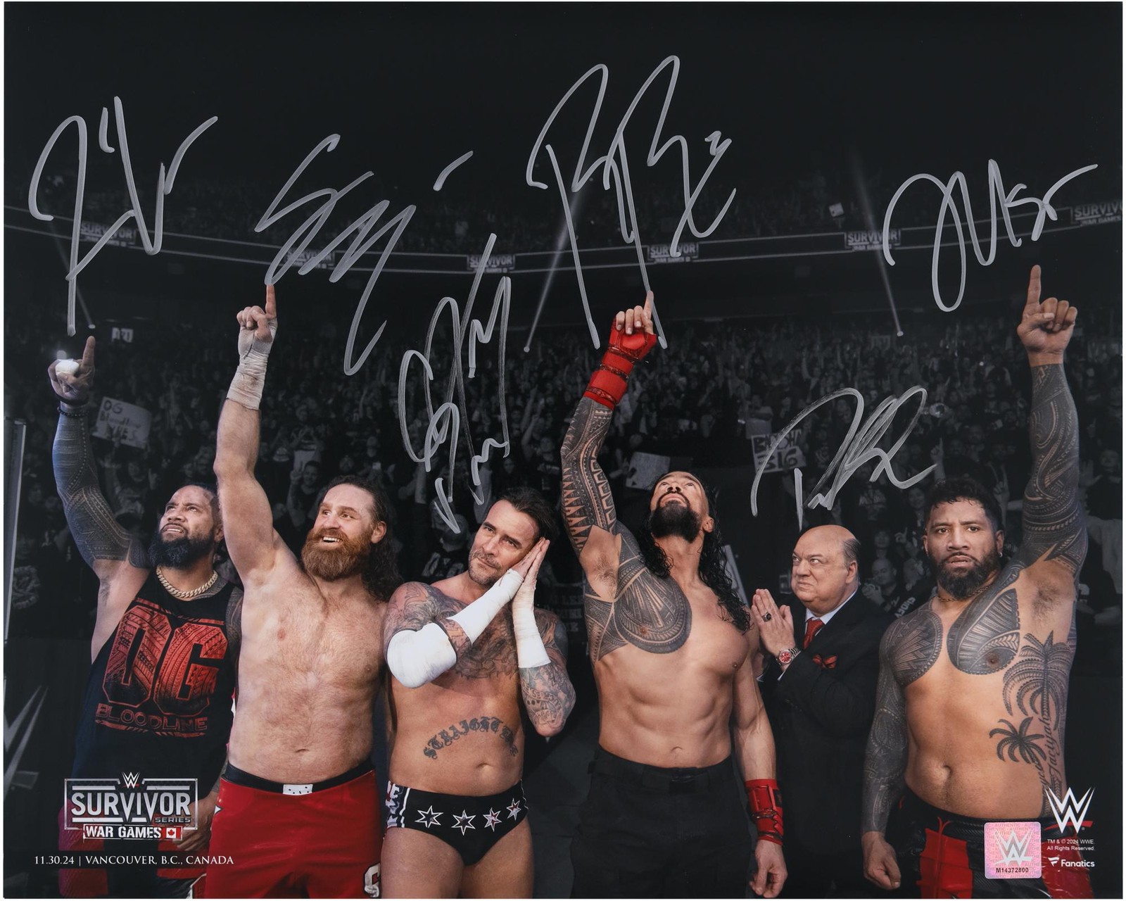 Reigns, the Usos, Zayn, Punk & Heyman Signed 16x20 2025 Survivor Series Photo