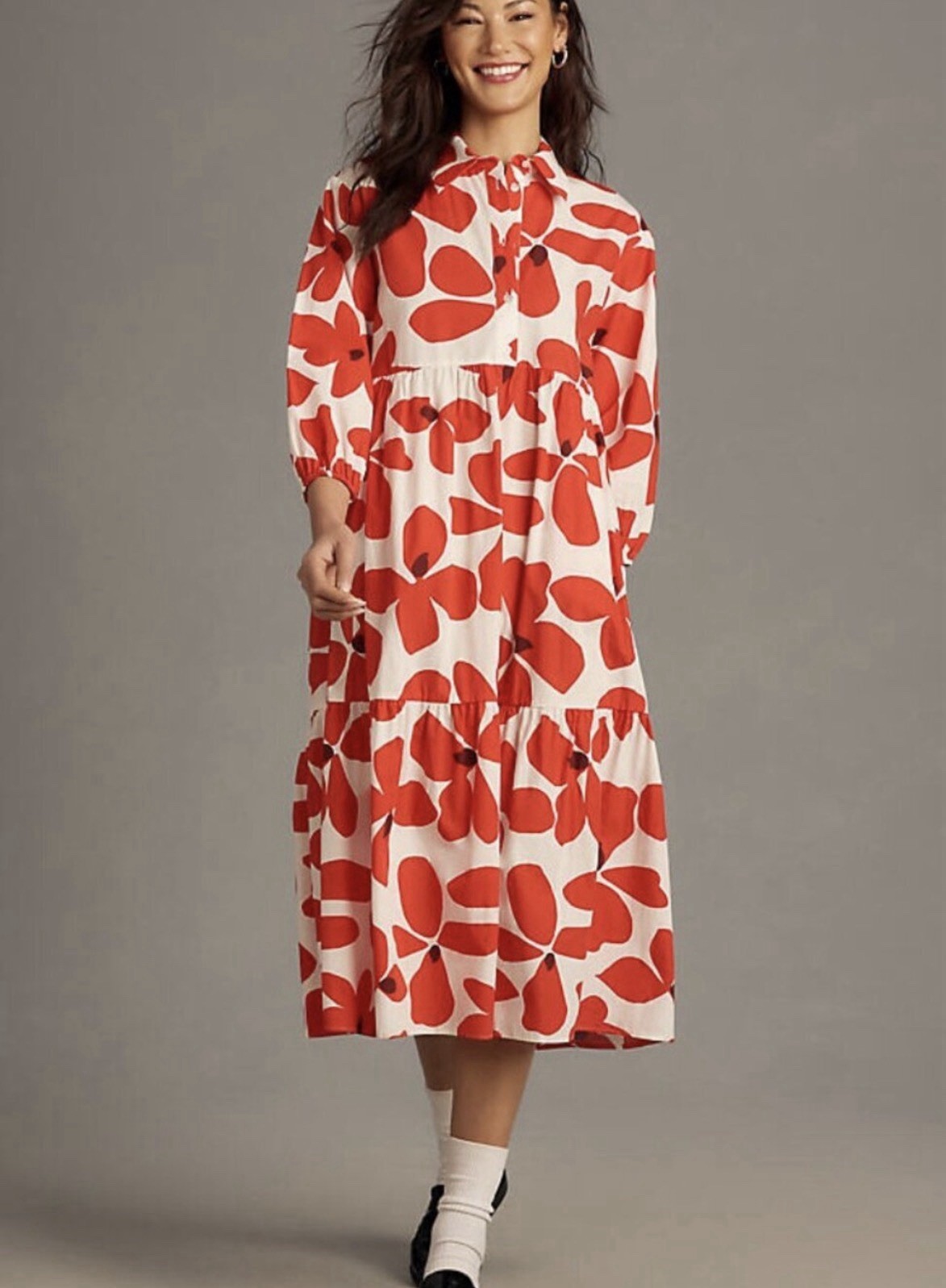 Anthropologie Maeve The Bettina Tiered Midi Shirt Dress Red Poppy Floral Medium