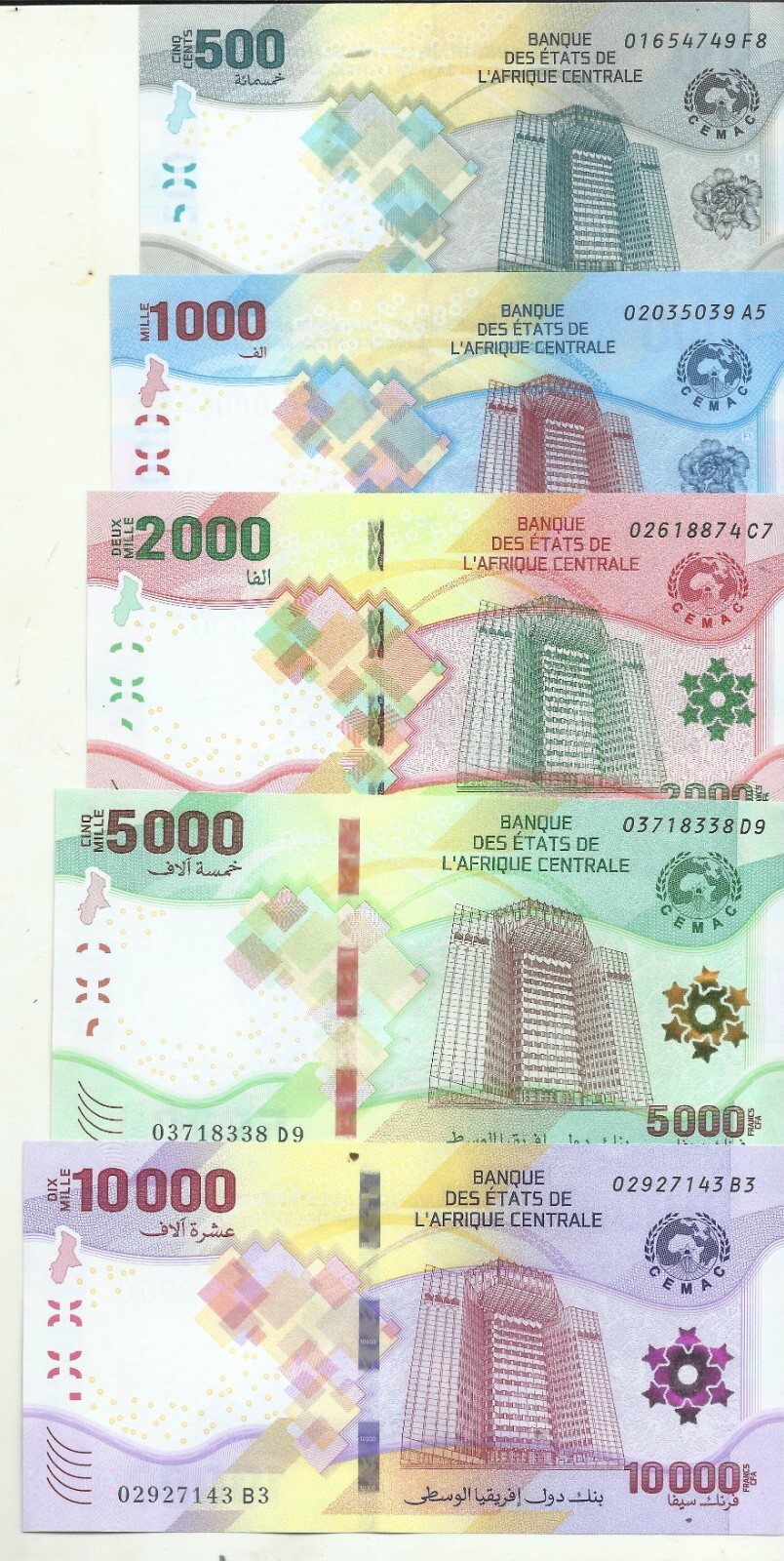CENTRAL AFRICAN STATES SET LOT 100000-5000-2000-1000-500 FRANCS 2023 P NEW. UNC.
