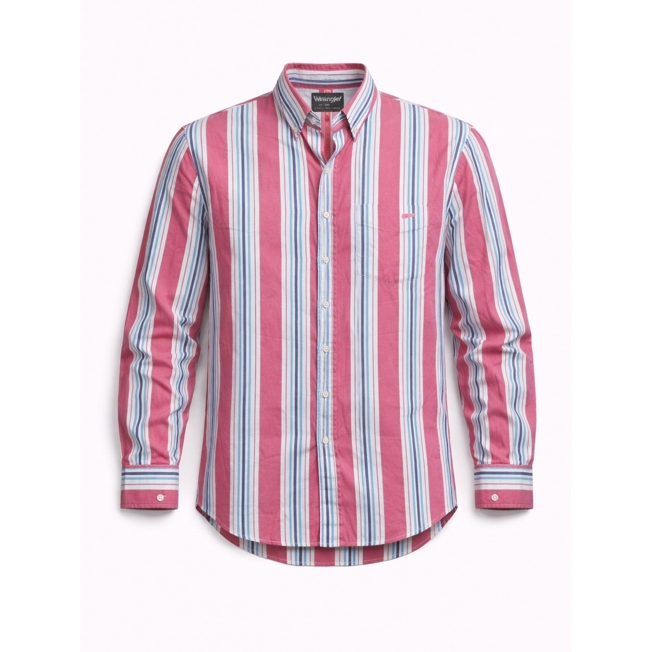 Vtg Wrangler Made In USA Men\'s Pink, White & Blue Cowboy Cut Button-Down Shirt L Vtg Wrangler Made In USA Men\'s Pink, White & Blue Cowboy Cut Button-Down Shirt L