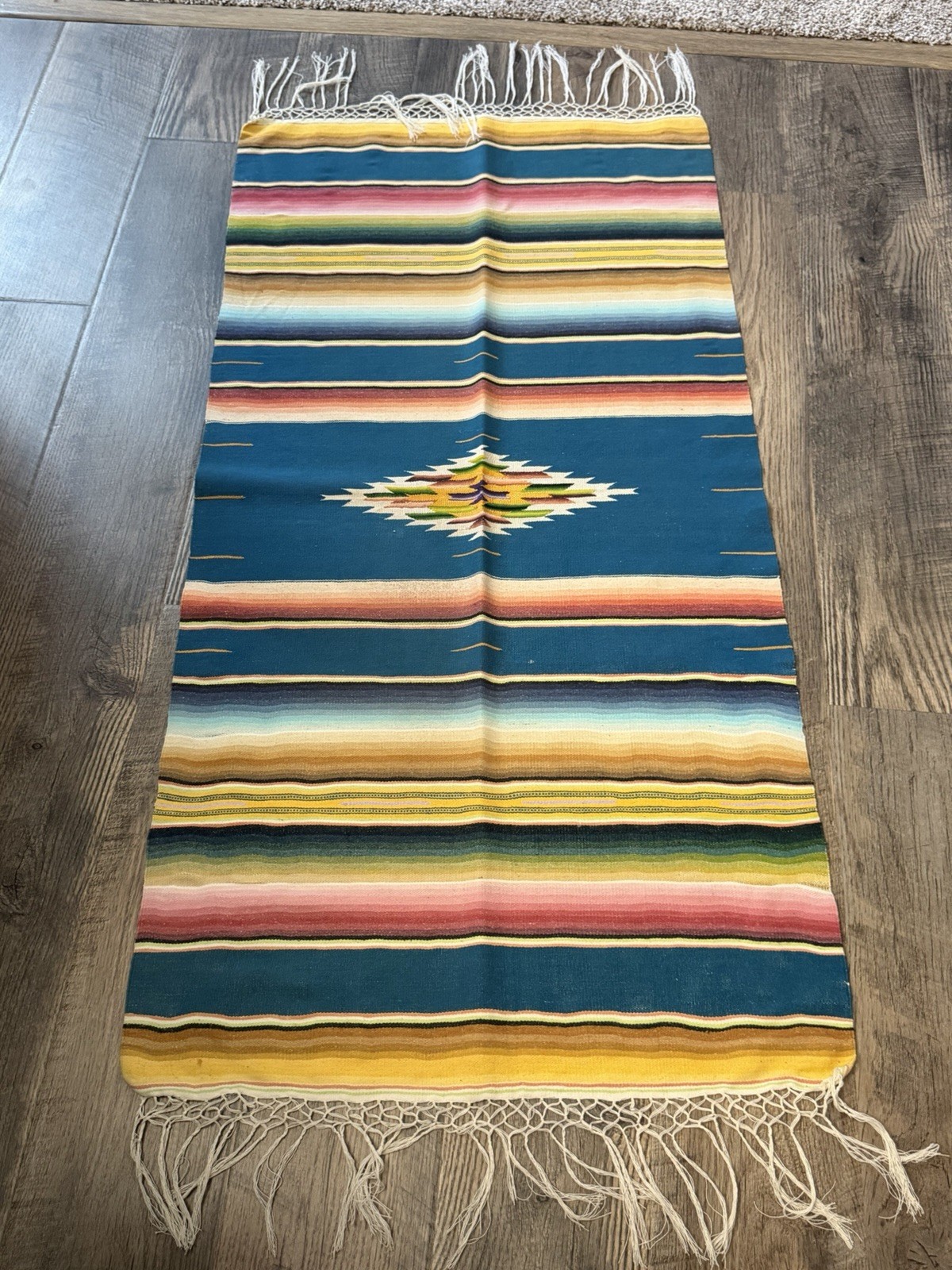 Vintage Mexican Saltillo Striped Fringed Long Table Runner Textile Vintage Mexican Saltillo Striped Fringed Long Table Runner Textile