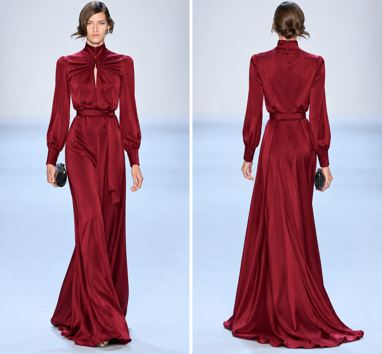 Badgley Mischka Pomegranate Long Sleeve Maxi Gown High Neck Belted sz 4 NWT