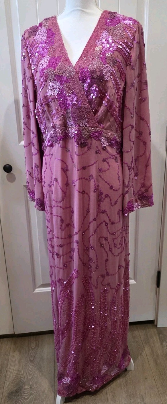 VTG Mode O Day Singapore Beaded Sequin Maxi Dress Flapper Gatsby Pink Measure L