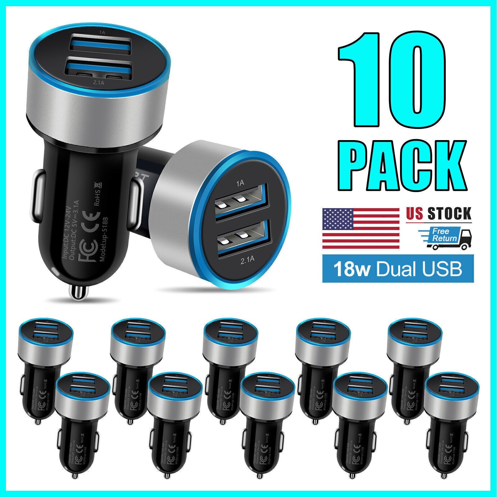 1-500x USB-C Car Chargers Dual Port QC 3.0 2.4A + 18W Wholesale Bulk Lot UNICORN