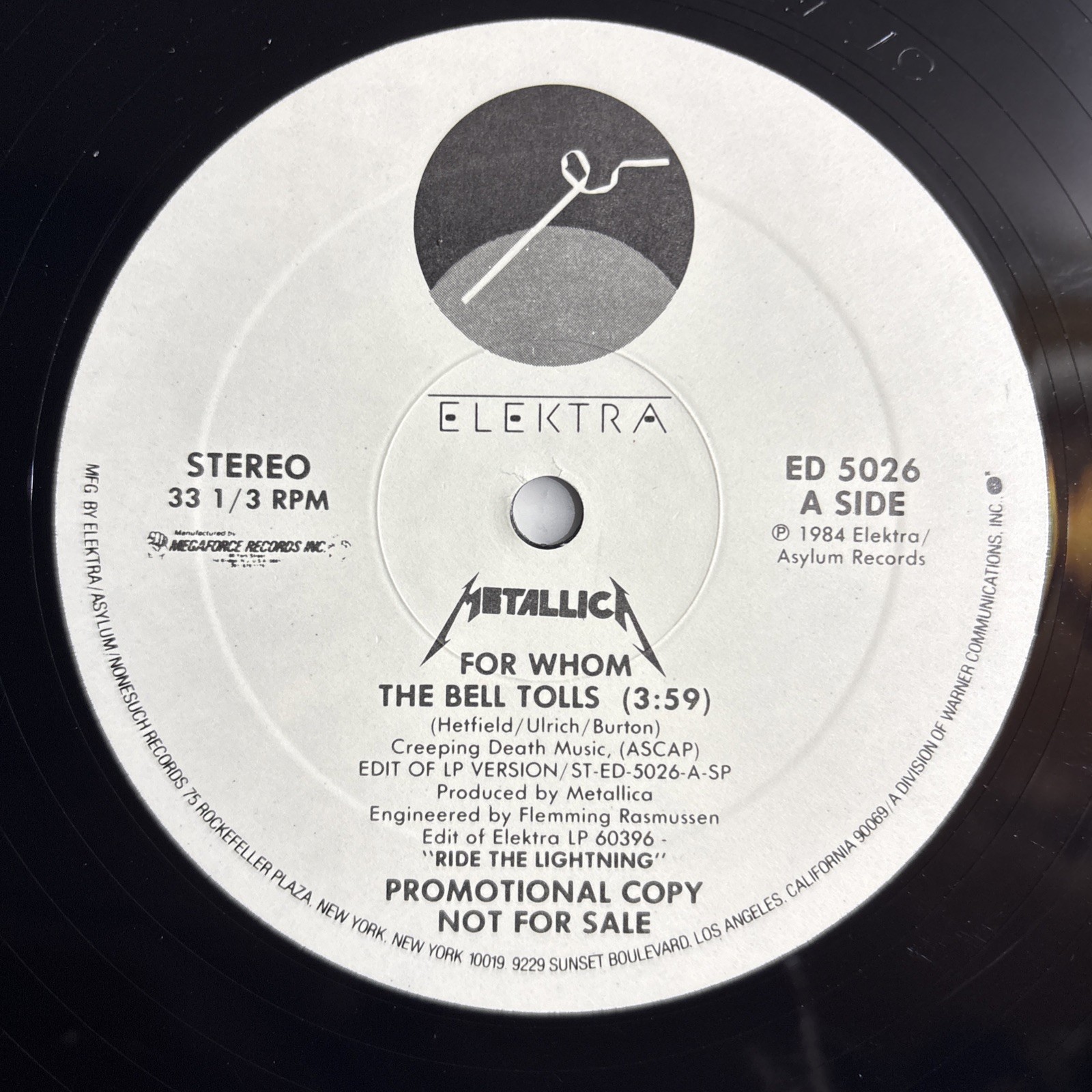Metallica For Whom The Bell Tolls LP 1984 US ED5026 Rare White Lable Promo VG+ Metallica For Whom The Bell Tolls LP 1984 US ED5026 Rare White Lable Promo VG+