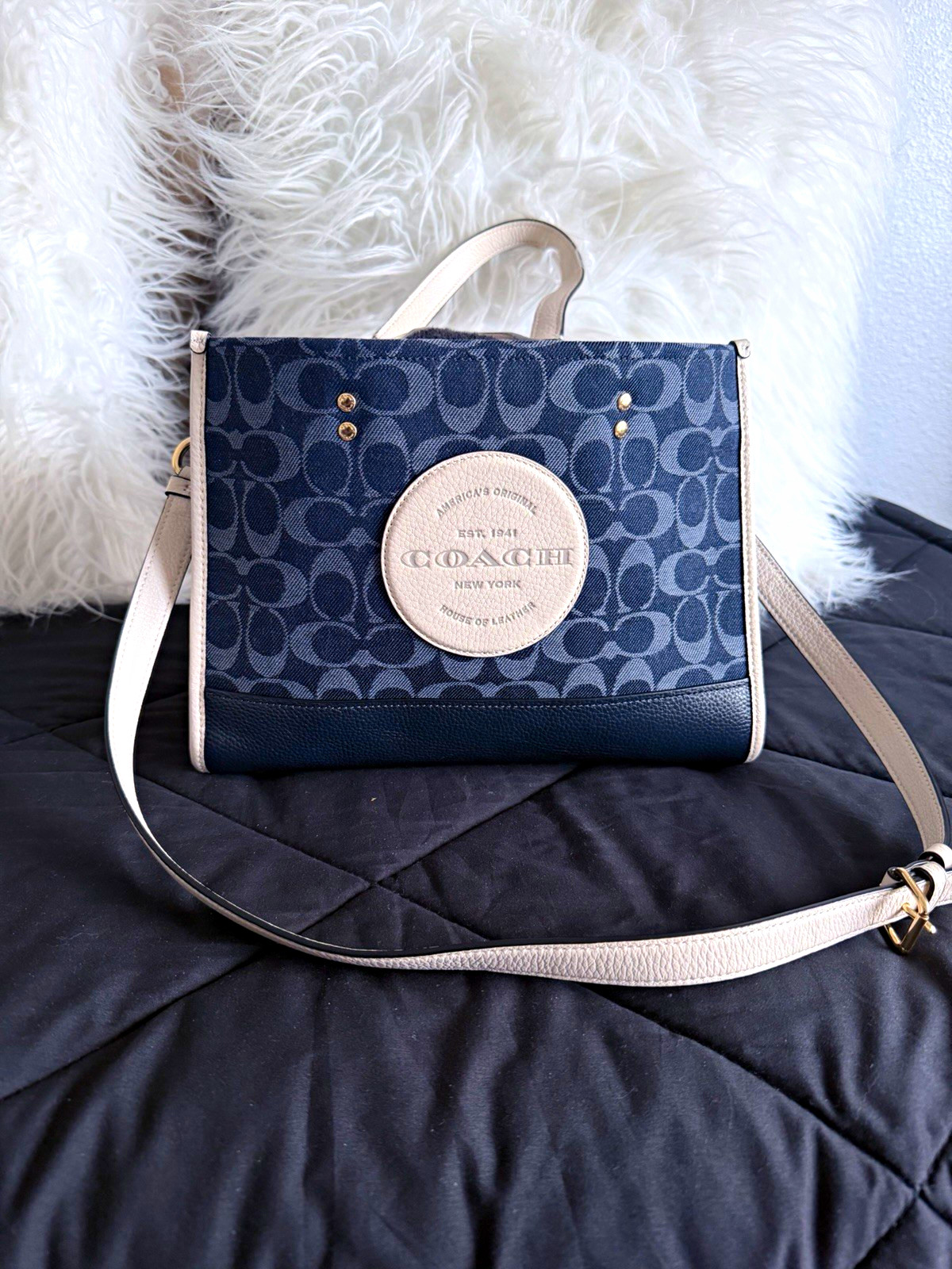 Coach Blue/Beige Logo Pattern Tote Bag Detachable Strap Magnetic Gold HW