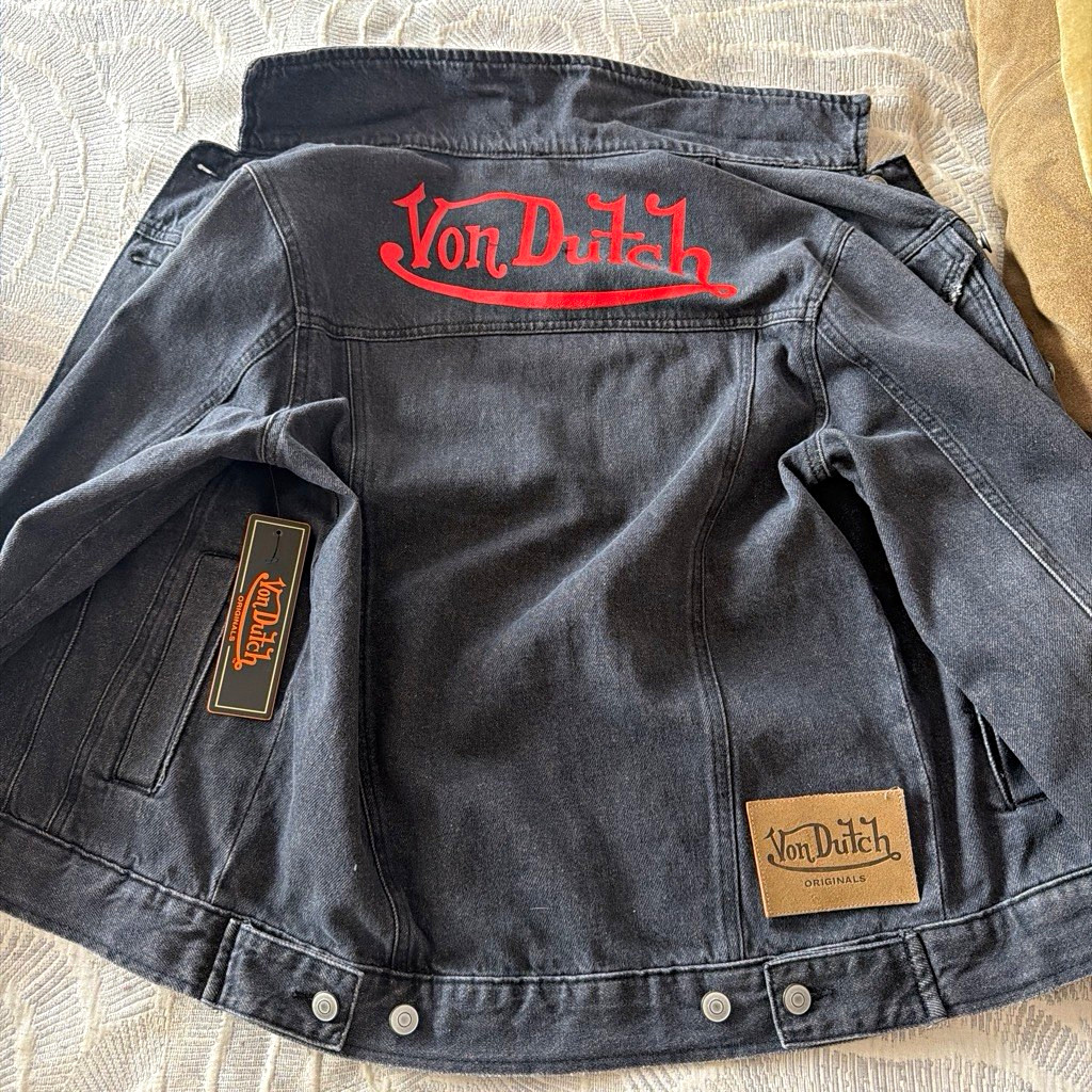 Von Dutch Women\'s Black Jean Jacket XS Logo Back Button Front Collared Pockets
