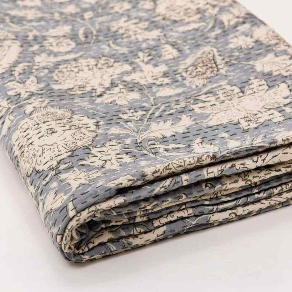 Indian King Size Blanket Cotton Hand Block Print Kantha Bedspread Handmade Quilt
