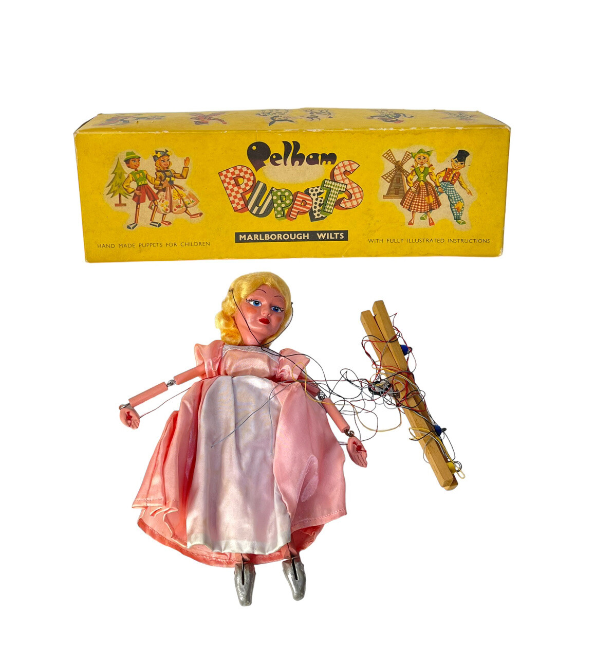 Vintage Hand Painted Wood Pelham Cinderella Puppet Silver Slippers Original Box