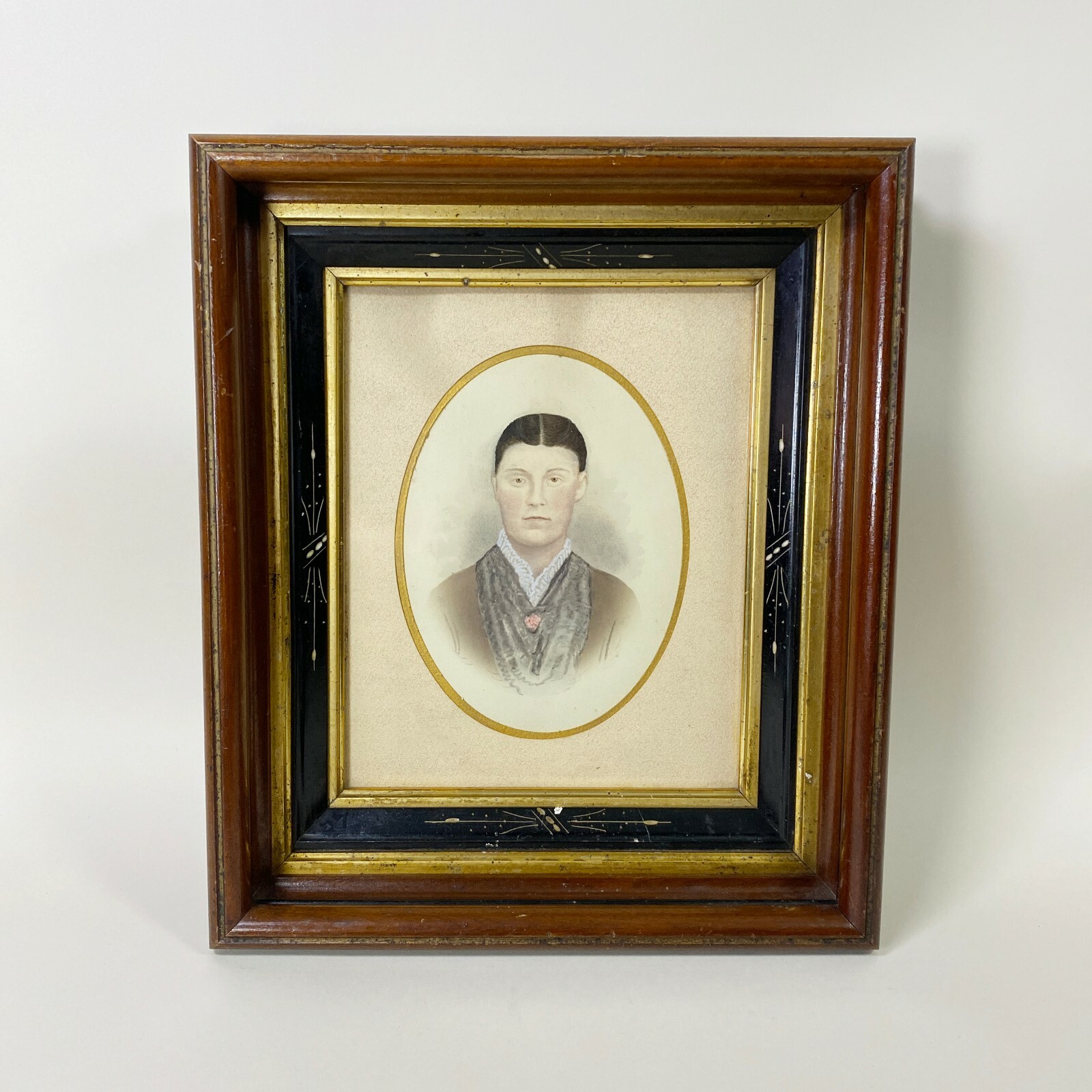 Antique 1850s Hand Painted Salt Print Victorian Folk Portrait Mounted Framed