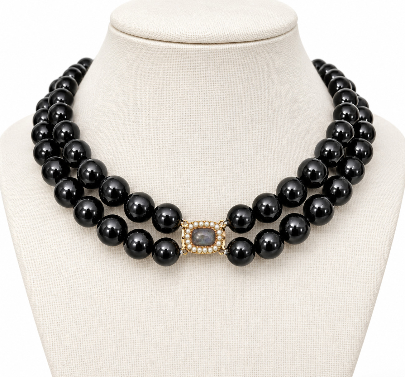 AA Black Onyx Double Strand Necklace Antique 10K Gold Victorian Hairwork Clasp