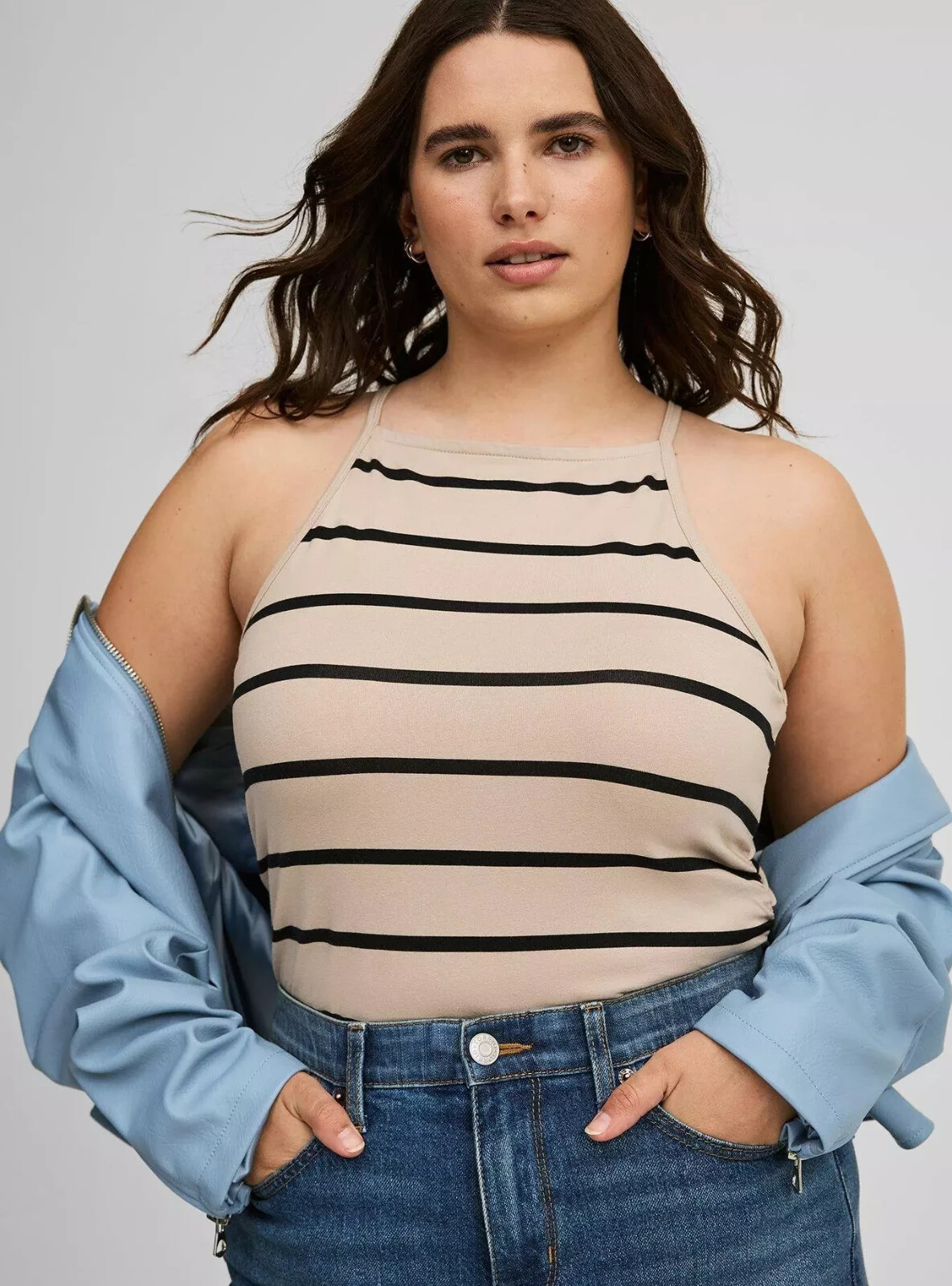 Torrid Plus 3X Foxy Cami High Square Neck Ruched Tank Black Stripe Khaki NWT Torrid Plus 3X Foxy Cami High Square Neck Ruched Tank Black Stripe Khaki NWT