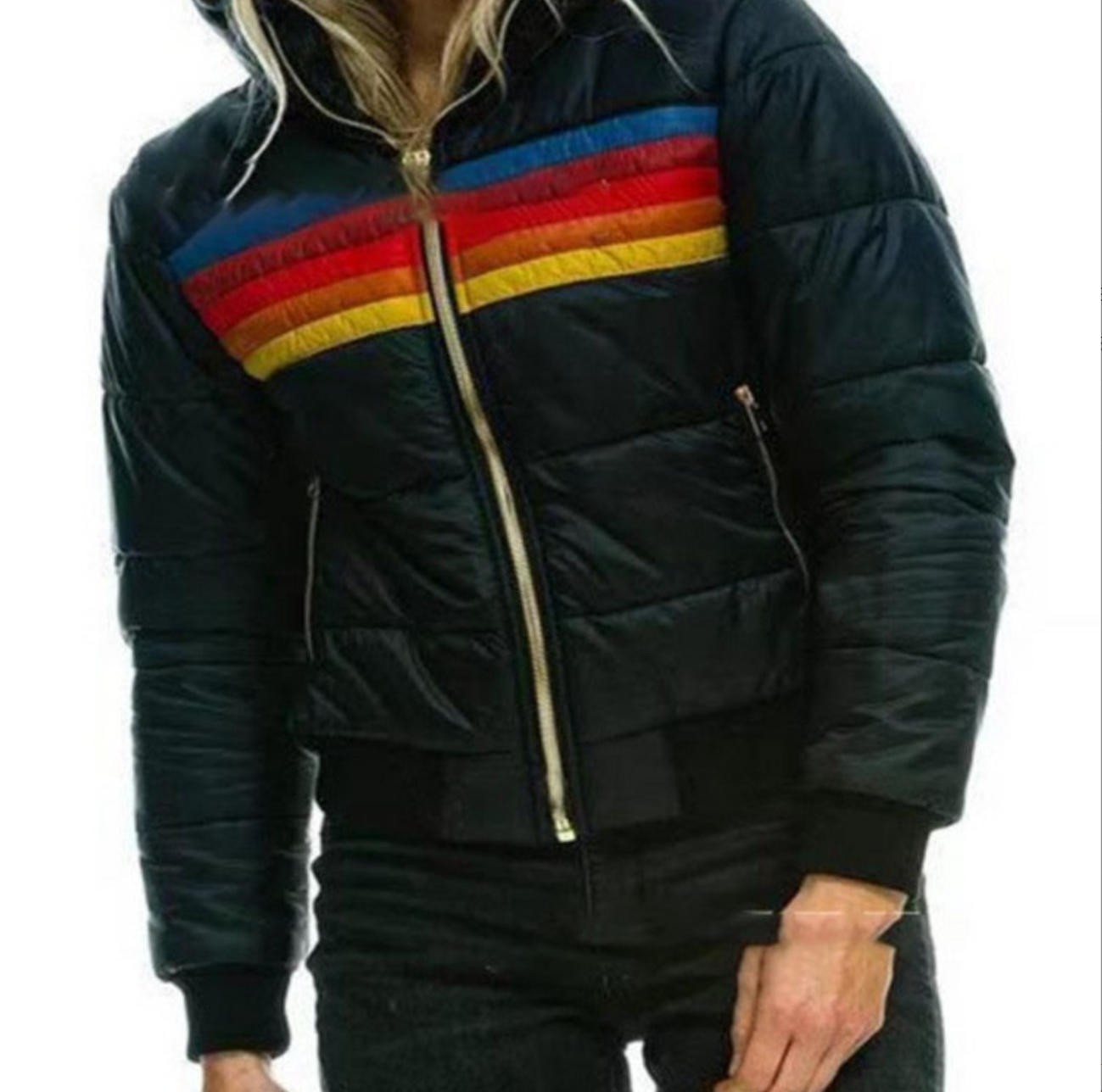 Women's Casual Hooded Long Sleeve Cotton Jacket Rainbow Zipper soft Warm Coat Women's Casual Hooded Long Sleeve Cotton Jacket Rainbow Zipper soft Warm Coat