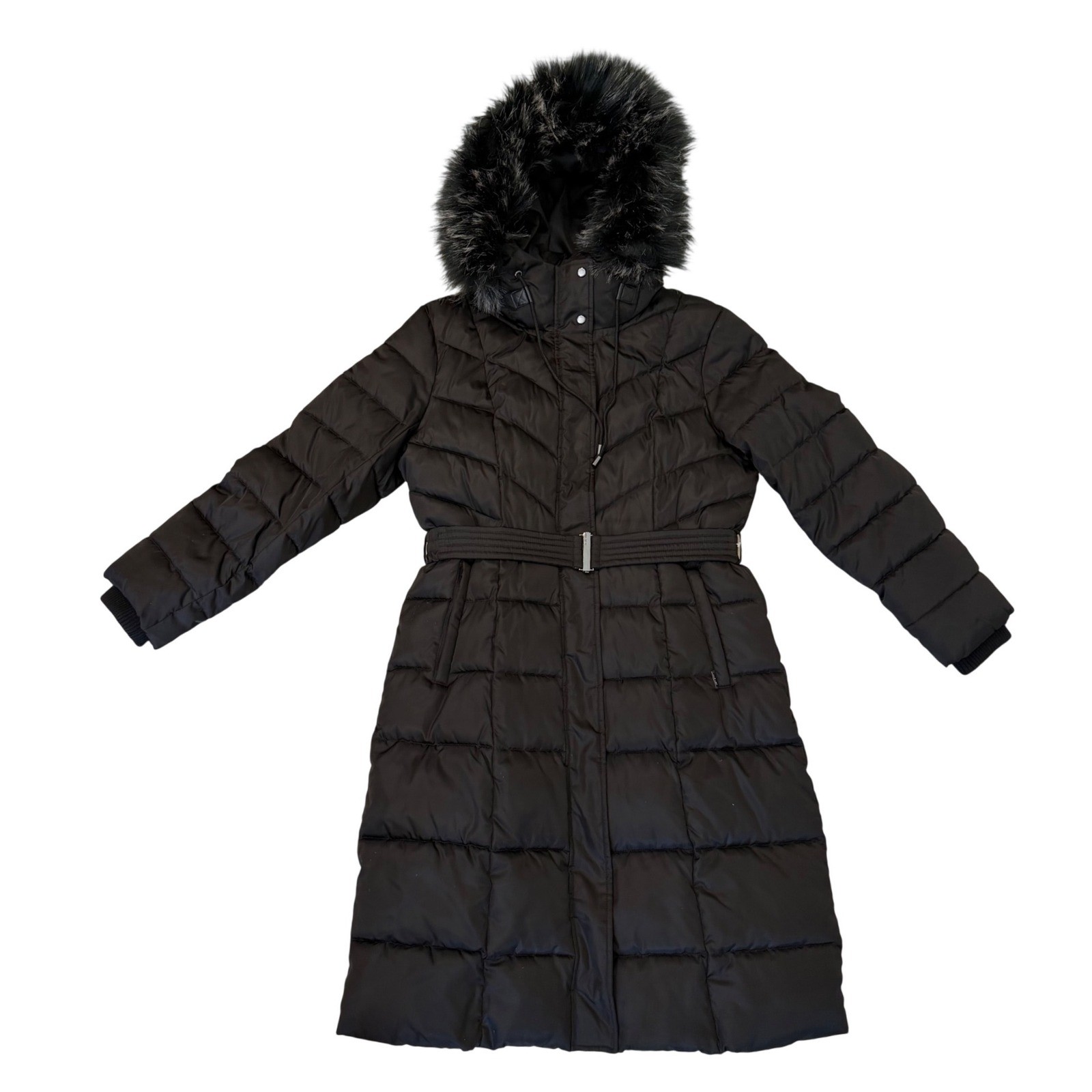 NWOT Nine West Black Long Puffer Coat Belted Faux Fur Hood Maxi Parka Jacket L