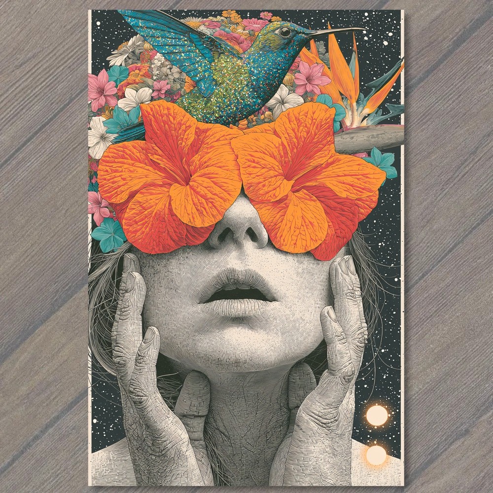 POSTCARD Woman Face Large Orange Flowers Hands Blue Hummingbird Dark Night