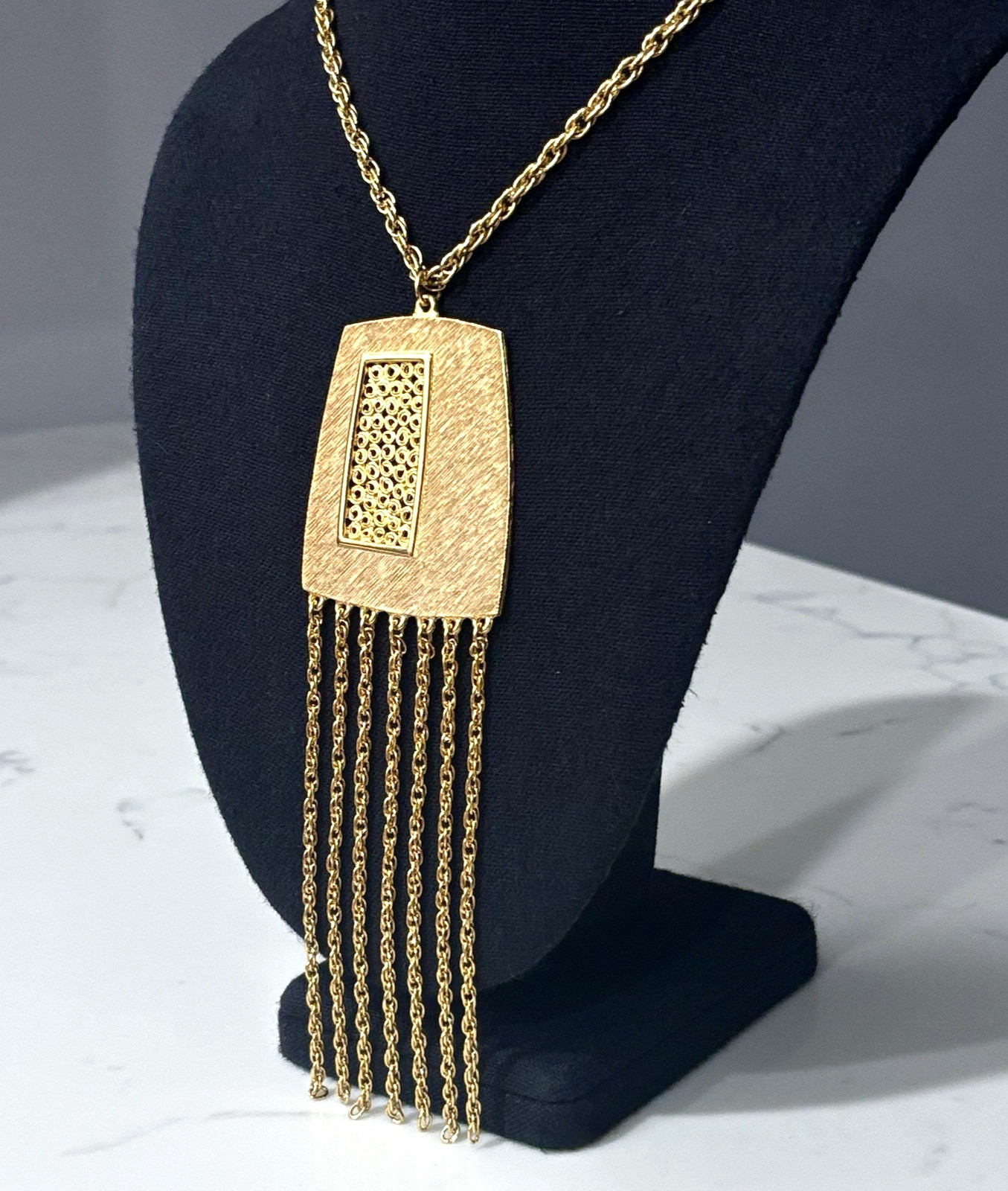 Vintage Estate Necklace Modernist Tassel 1970s Gold Tone Etruscan Revival