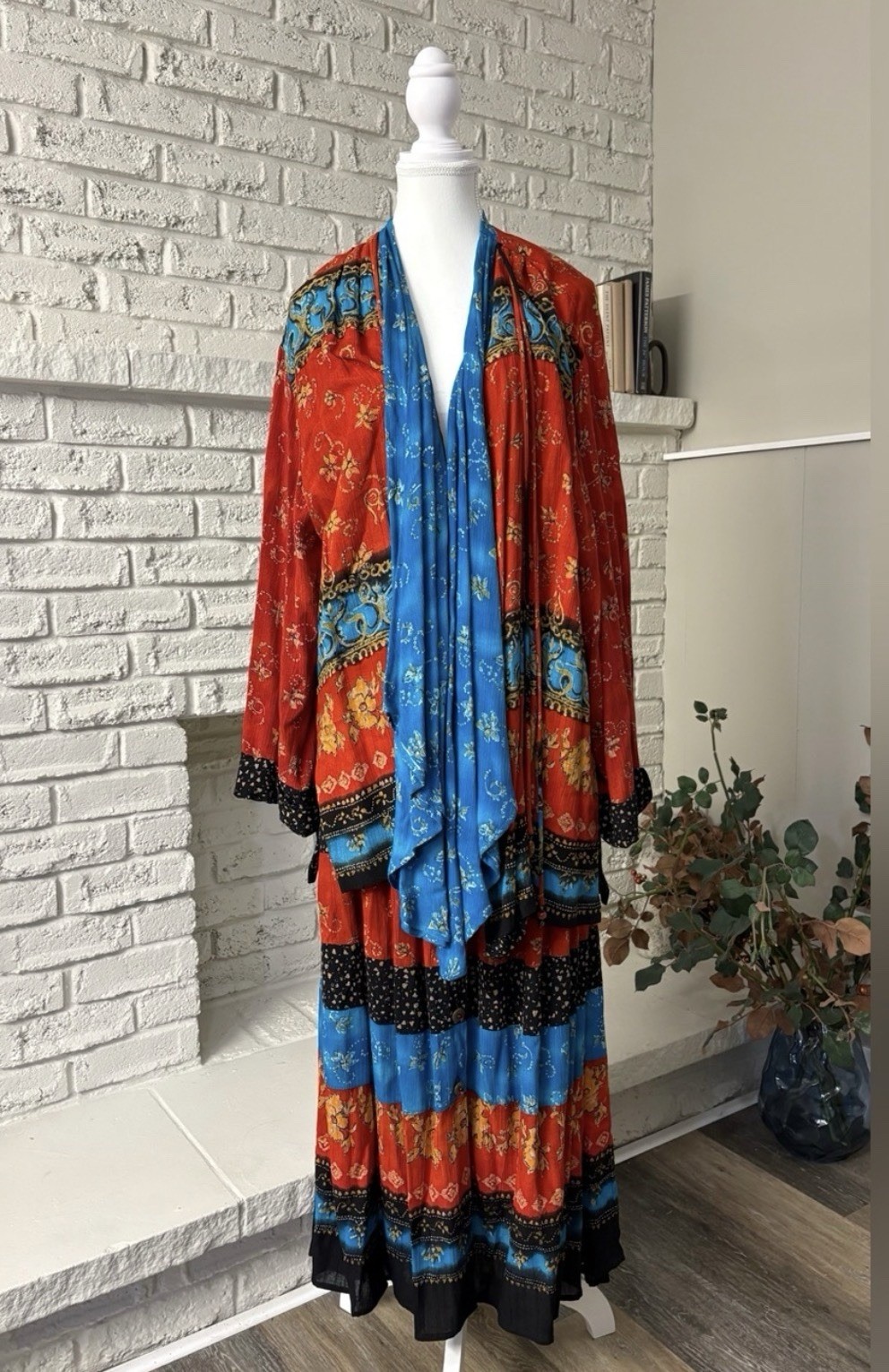 VTG 90s Carole Little 2pc Maxi Skirt Duster Set Boho Whimsigoth Crinkle Rayon 16