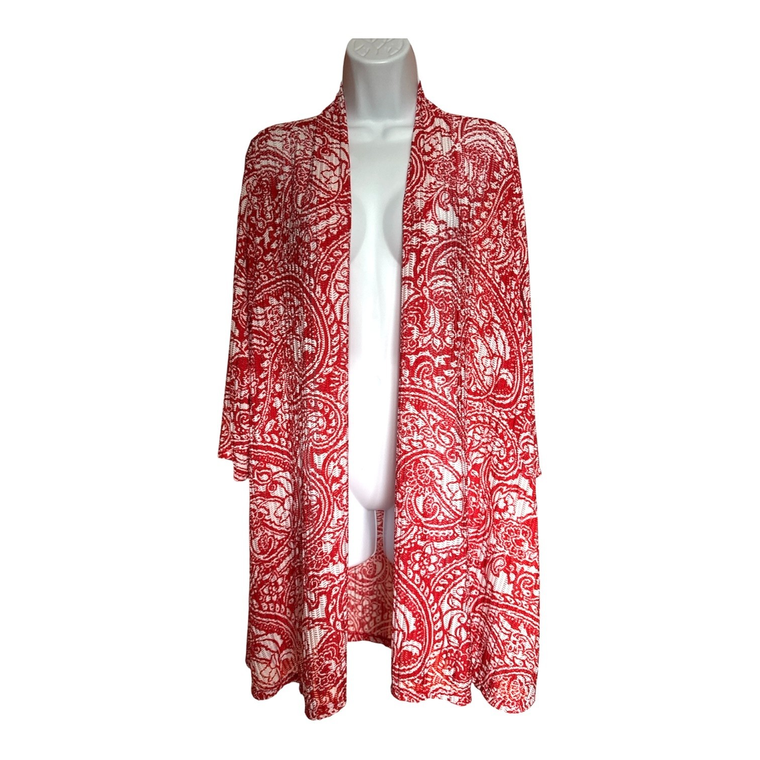 Susan Graver Women\'s Open Front 3/4 Sleeve Lightweight Cardigan Size L Red White Susan Graver Women\'s Open Front 3/4 Sleeve Lightweight Cardigan Size L Red White