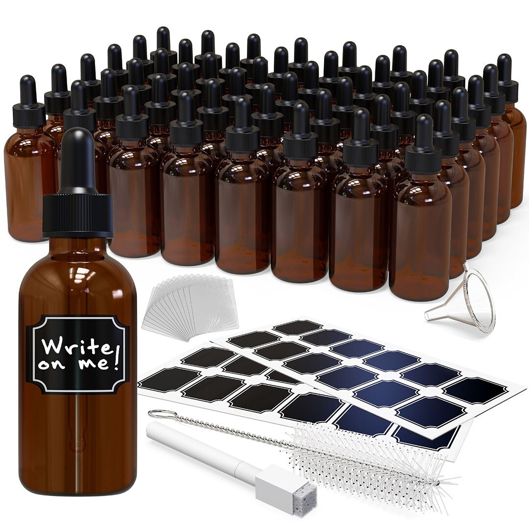 Nevlers 48 pack Amber 2 Oz Dropper Glass Bottles With Funnel, Brush, & Labels Nevlers 48 pack Amber 2 Oz Dropper Glass Bottles With Funnel, Brush, & Labels
