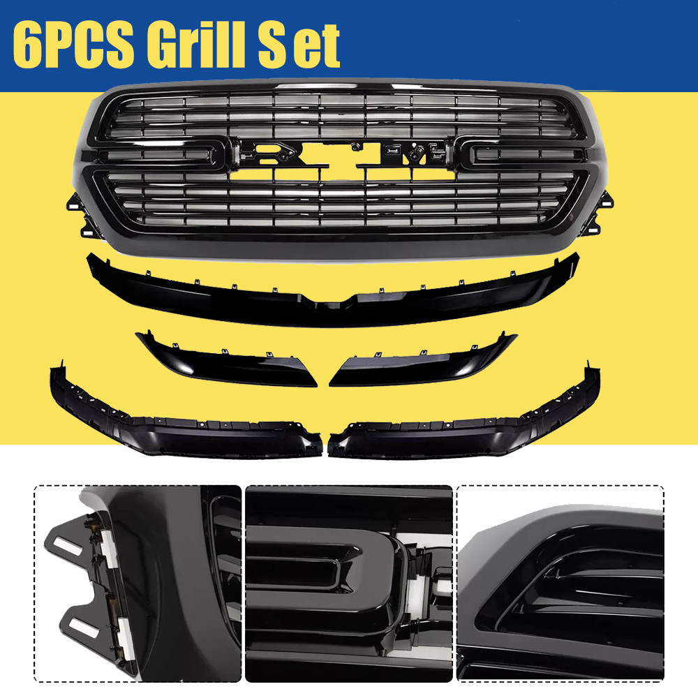 6PCS Glossy Black Grille+Molding Trim Fit 2019-2020 2021 2022 Dodge Ram 1500