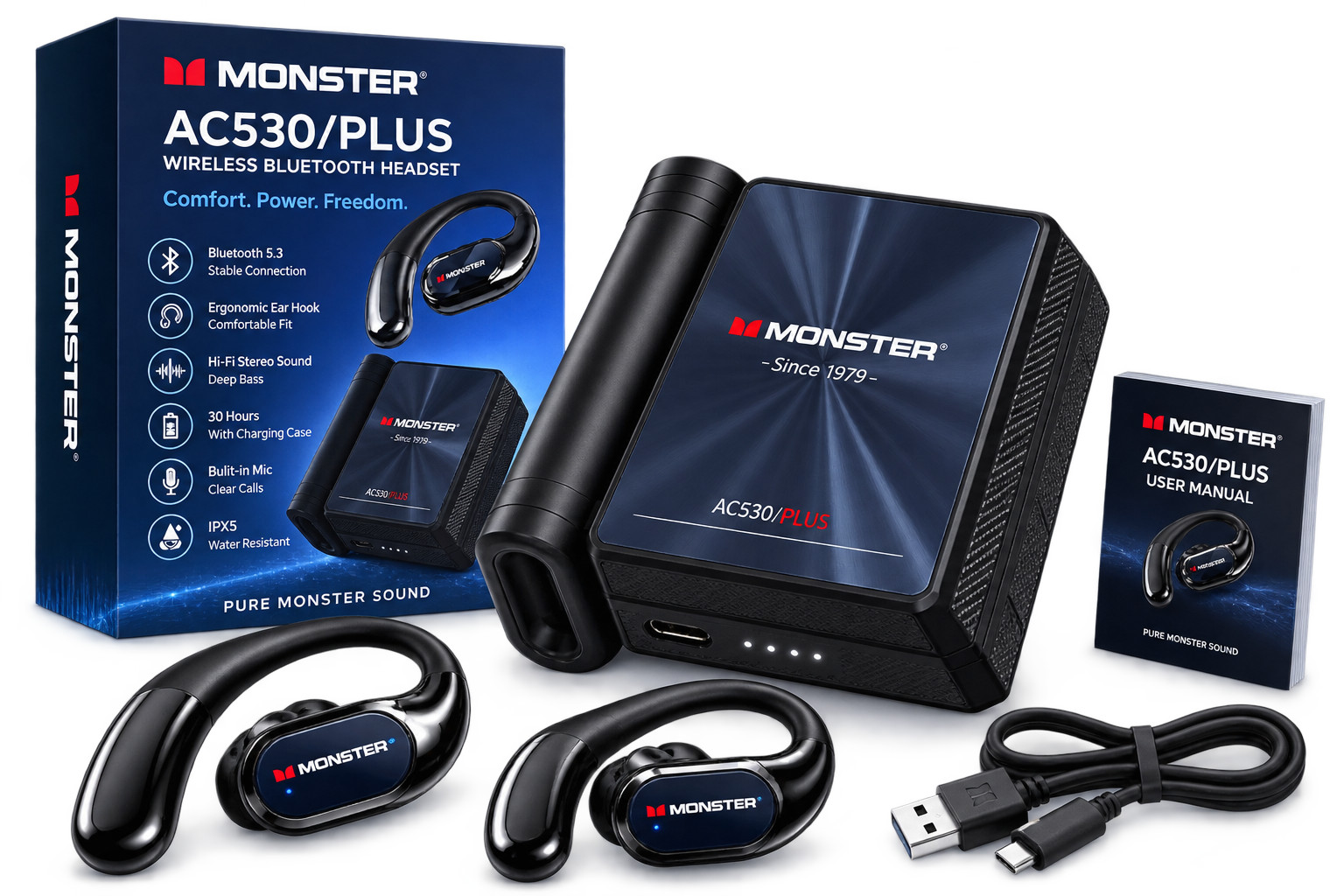 Monster AC530 plus  Wireless Bluetooth Earbuds Ear Hook Headset Deep Bass Mic
