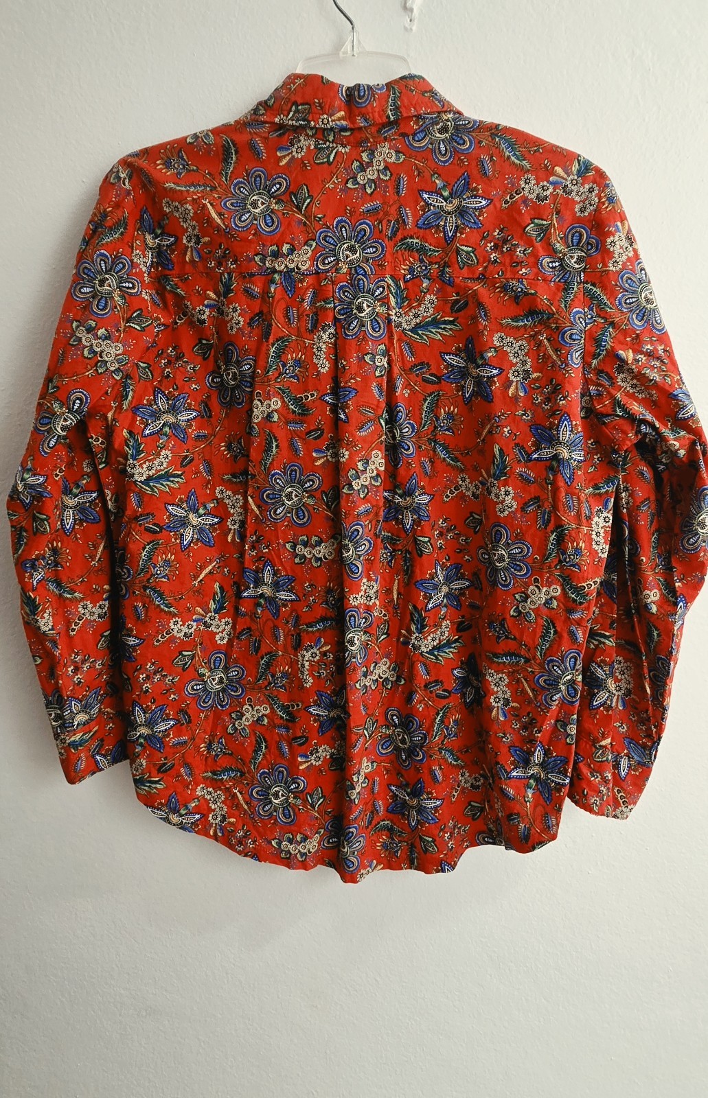 Vintage Cotton Red Floral Paisley Button Up Blouse Long Sleeve.