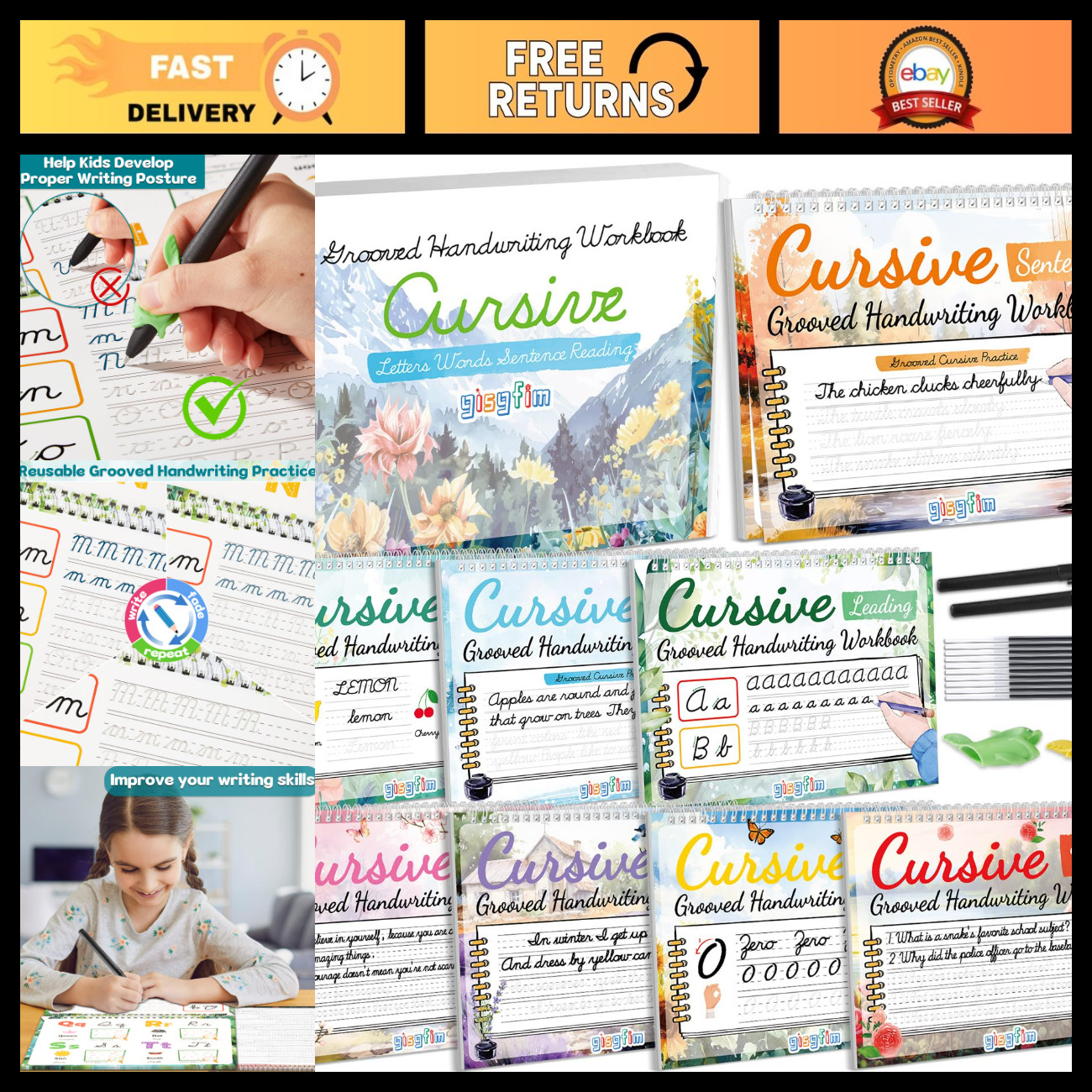 8 Pack Grooved Cursive Handwriting Workbook Set - Reusable Practice Kit for Kids