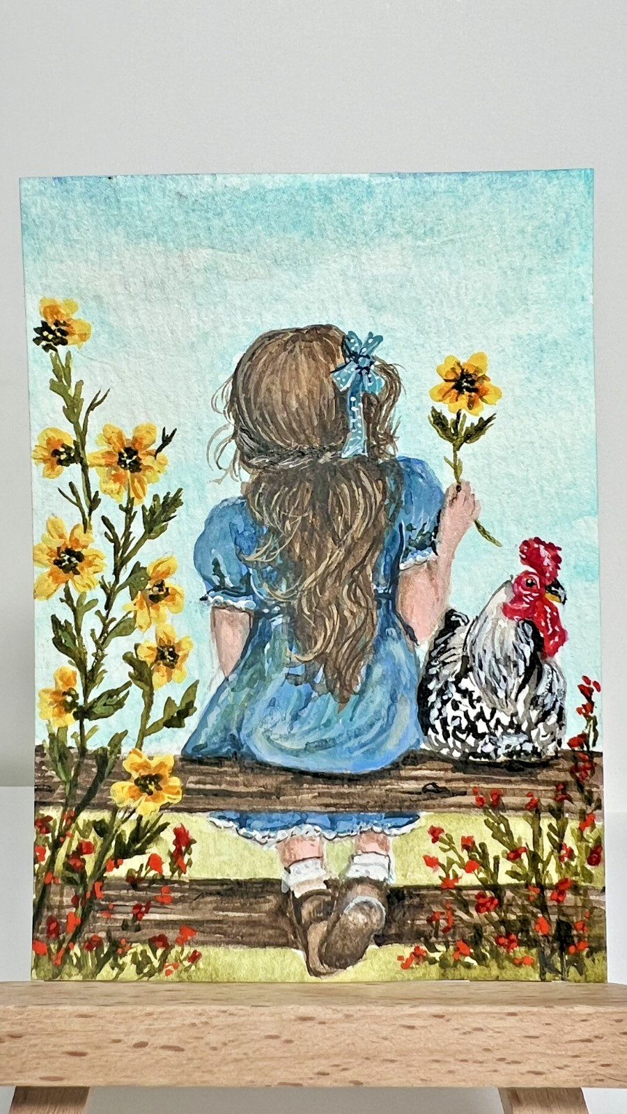 ACEO Original Fine Art OOAK Girl Wildflowers Rustic Fence Rooster By Kelly Horn
