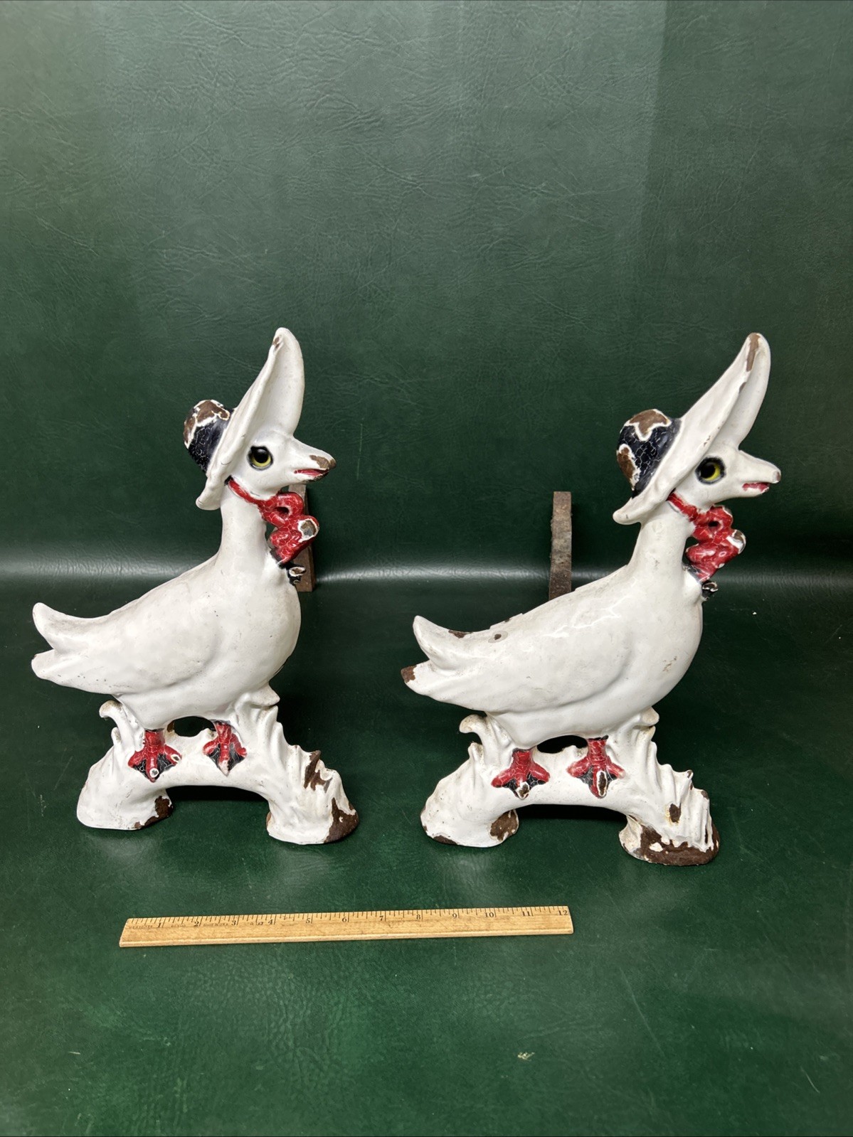Rare Antique PAIR  HOWES Foudry CAST FIREPLACE GLASS EYES Mother Goose Andirons