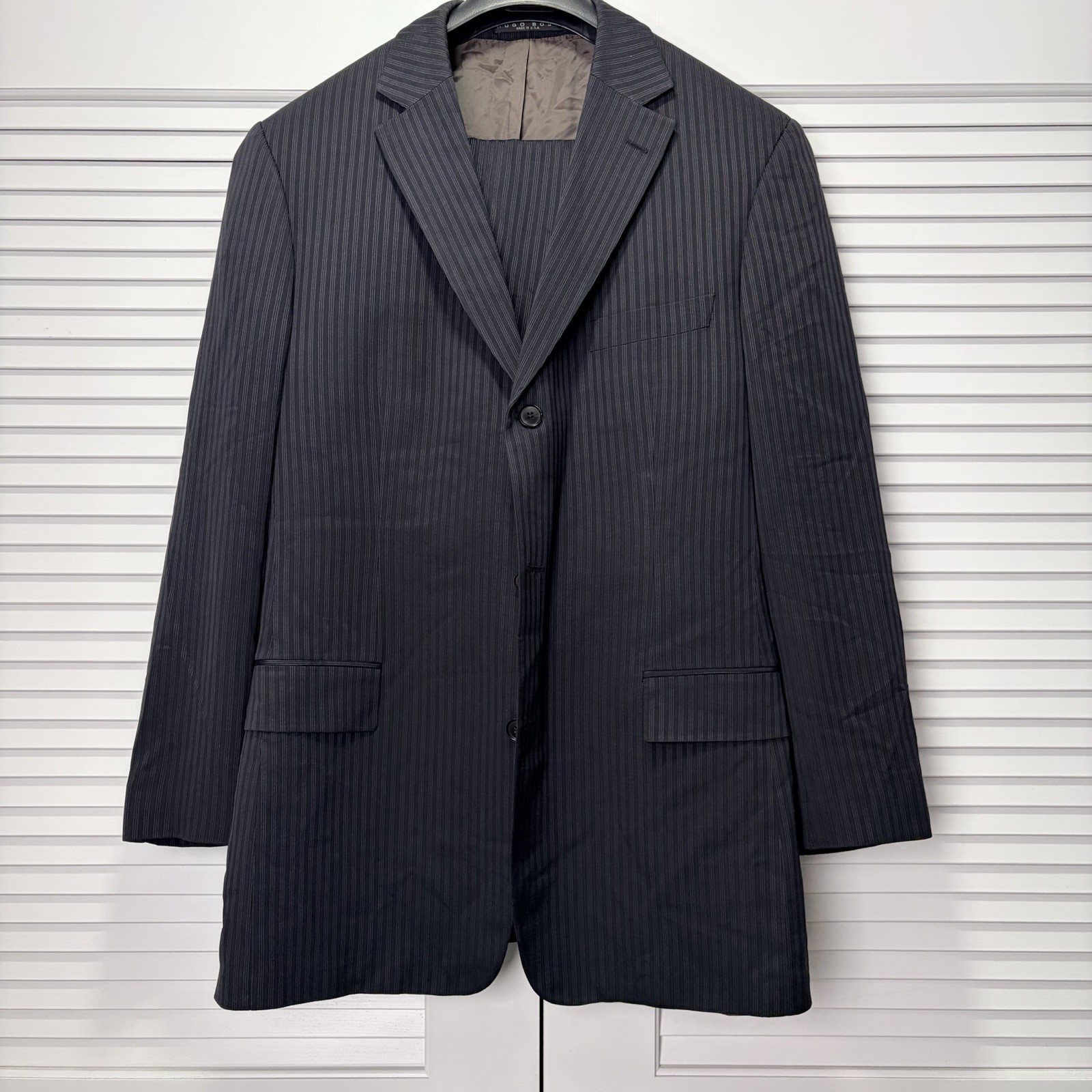 Vintage Hugo Boss Corsese Suit US 46L Black Pinstripe Silk Wool USA Made 34x32