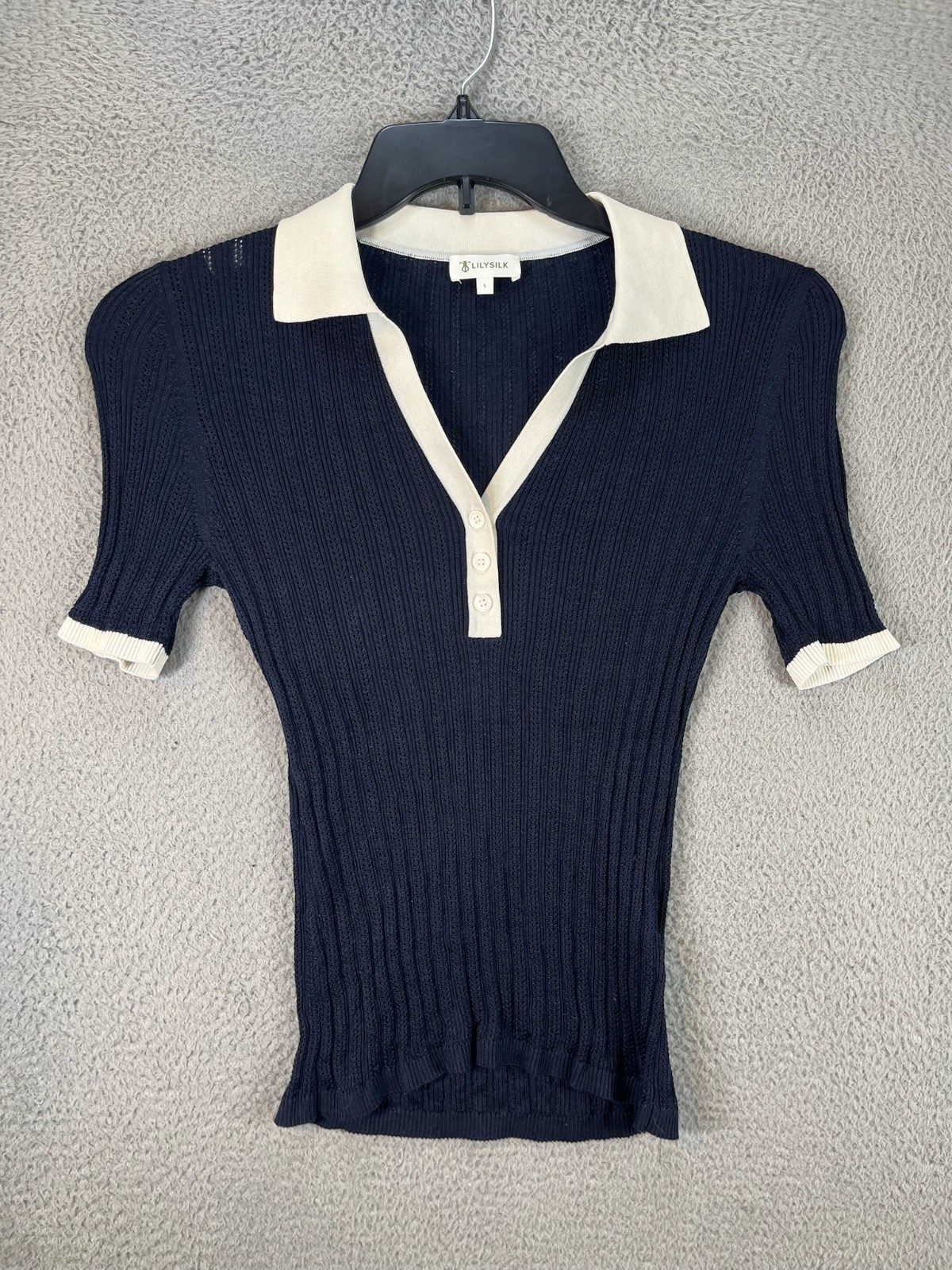 Lilysilk Blouse Womens Small Blue V Neck Ribbed Mulberry Silk Knit Top Pointelle Lilysilk Blouse Womens Small Blue V Neck Ribbed Mulberry Silk Knit Top Pointelle