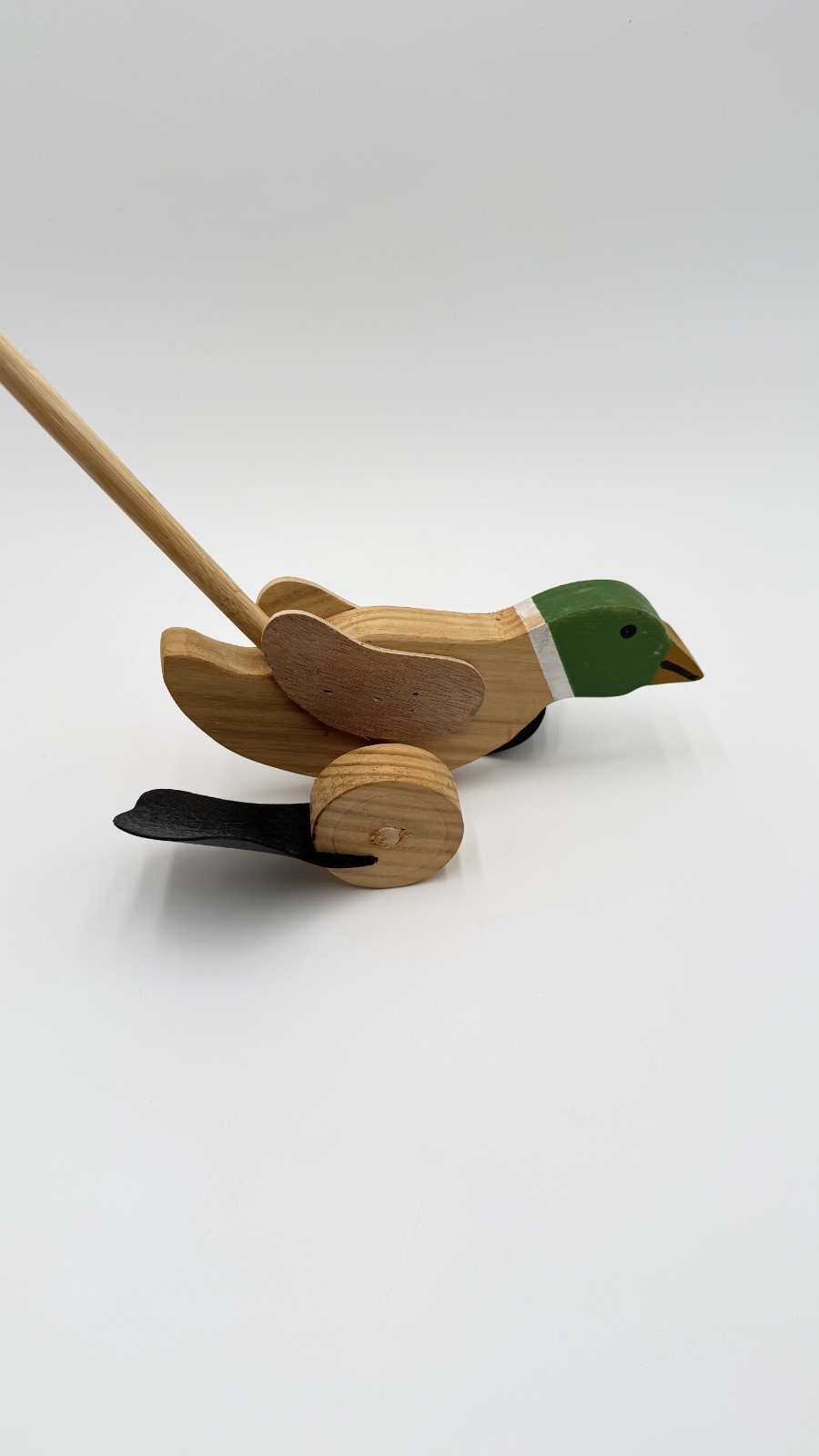 Vintage Wooden Mallard Duck Push Toy Walking Flapping Feet 28” Folk Art