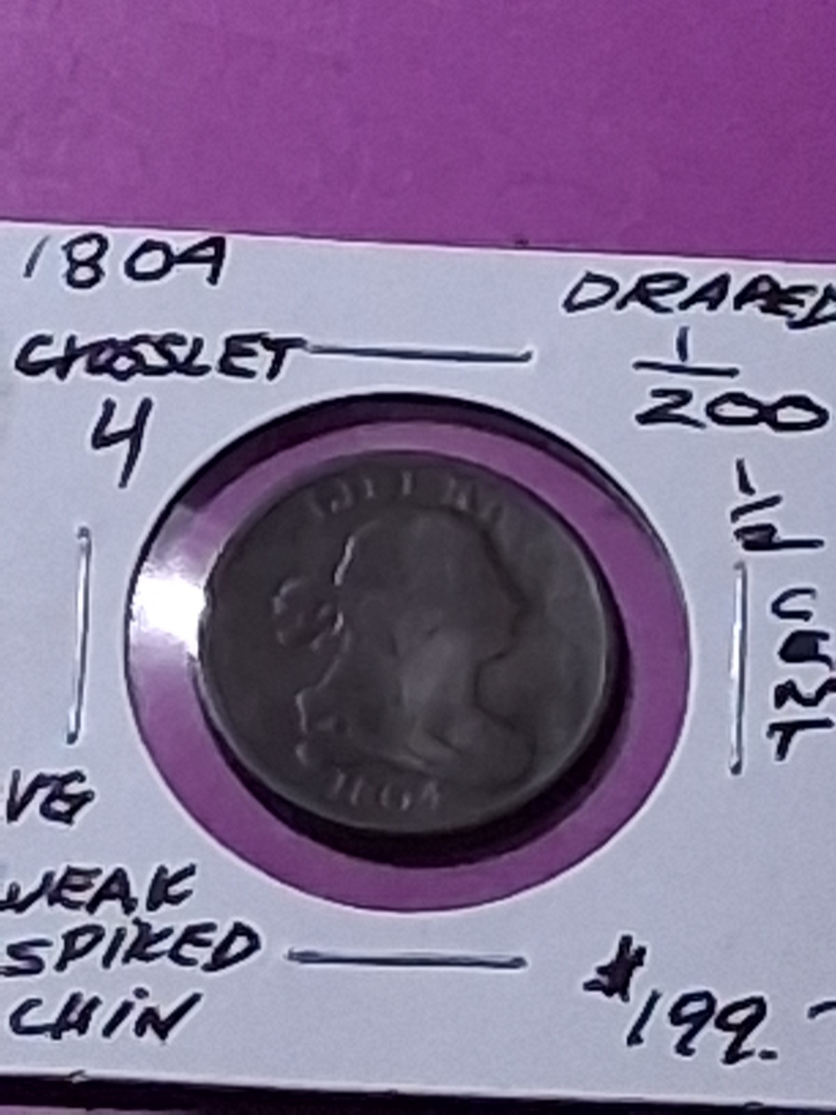 1804 DRAPED BUST HALF CENT. CROSSLET 4 VG CONDITION. WEAK SPIKED CHIN VARIETY.
