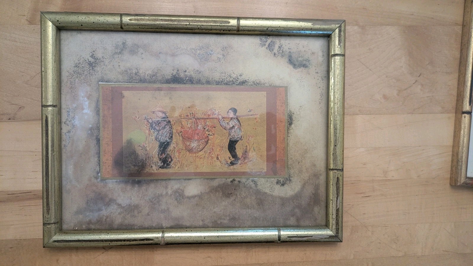 Vintage Chinese Silk Painting Warrior Figures Faux Bamboo Gilt Frame Wall Art
