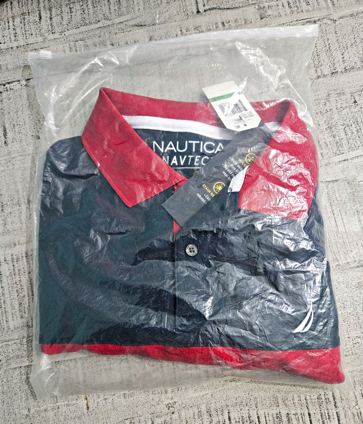Nautica NAVTECH Men\'s L Polo Shirt Navy/Red/White Striped Wicking Stain Release Nautica NAVTECH Men\'s L Polo Shirt Navy/Red/White Striped Wicking Stain Release