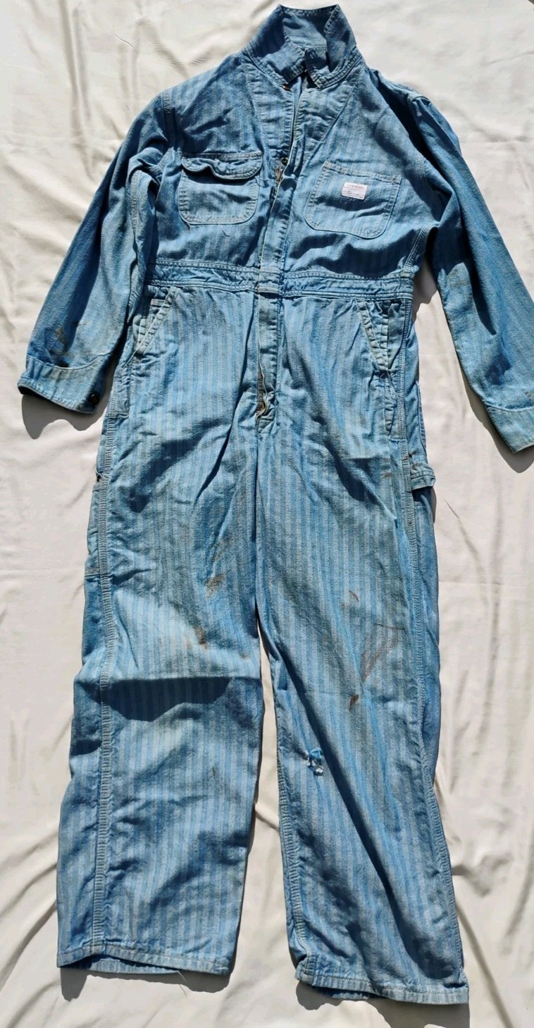 Vtg 60s BIG MAC Penneys Herringbone HBT Coveralls 40R Brass Talon Thrashed