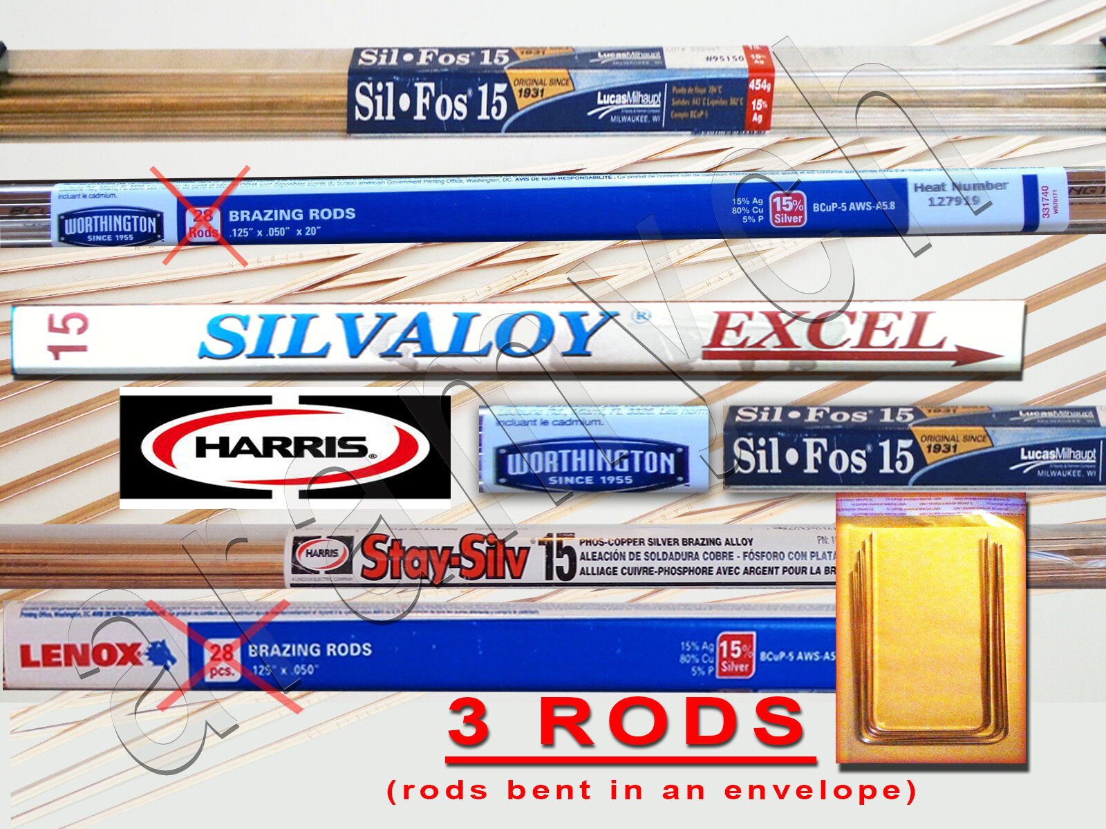 15% Silver Brazing Rods 3 RODS Sil-Fos, Worthington, Harris Stay-Silv,  Lenox ..
