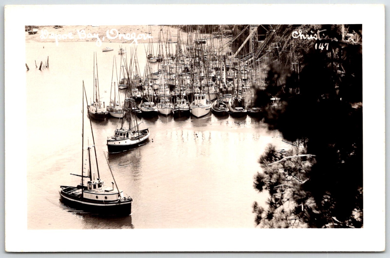 Postcard RPPC Boats Marina Depoe Bay Oregon OR Real Photo Christian