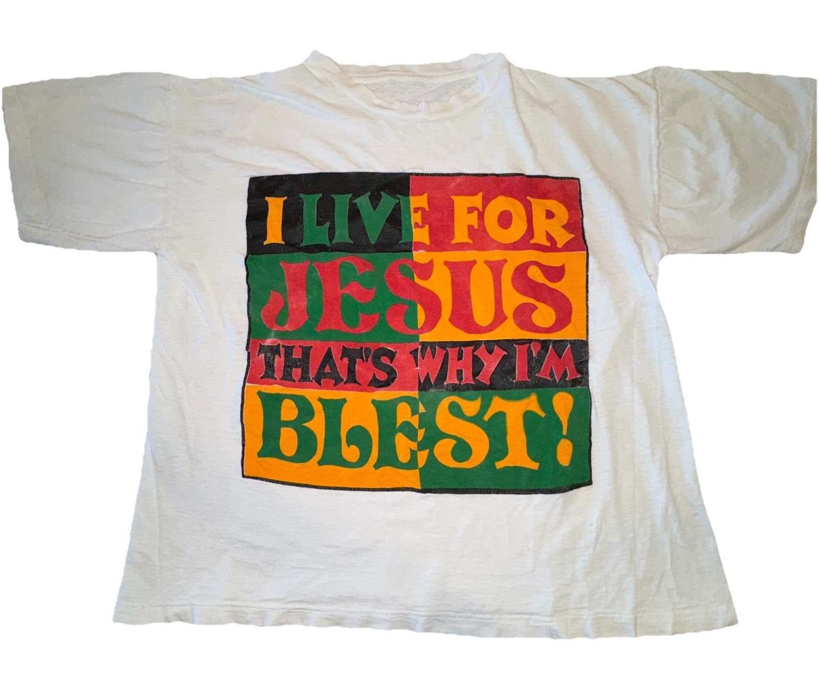 Vintage I Live For Jesus That\'s Why I\'m Blest Thrashed Boot Leg T Shirt L FLAWS
