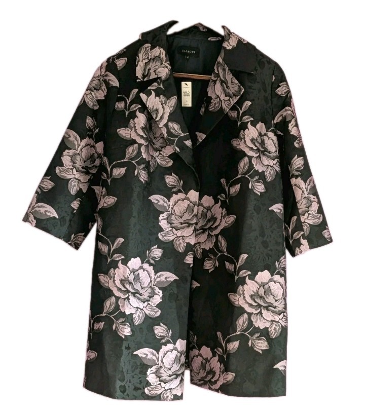 Talbots Black Floral Jacquard Formal/Business Coat with Pink Rose Print Size 16 Talbots Black Floral Jacquard Formal/Business Coat with Pink Rose Print Size 16