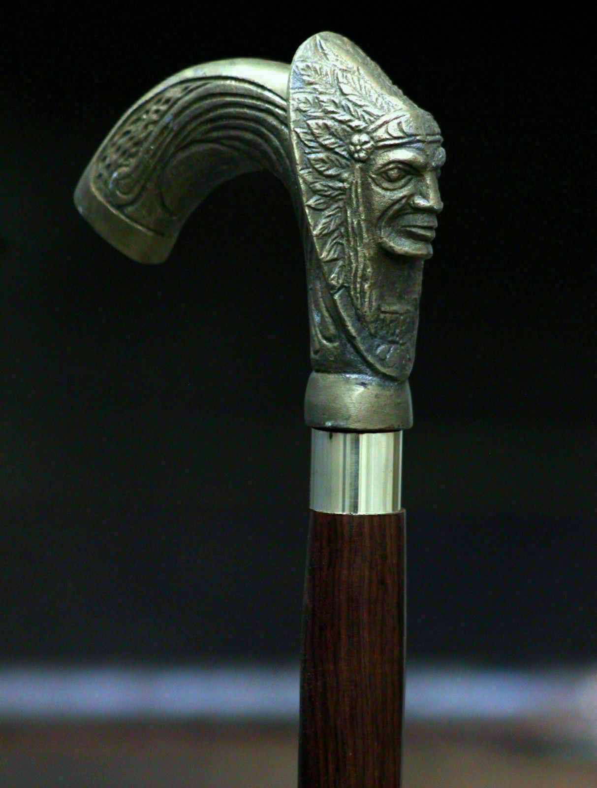 Antique Indian Chief Head Brass Color Walking Stick Walking Wooden Working Cane Antique Indian Chief Head Brass Color Walking Stick Walking Wooden Working Cane