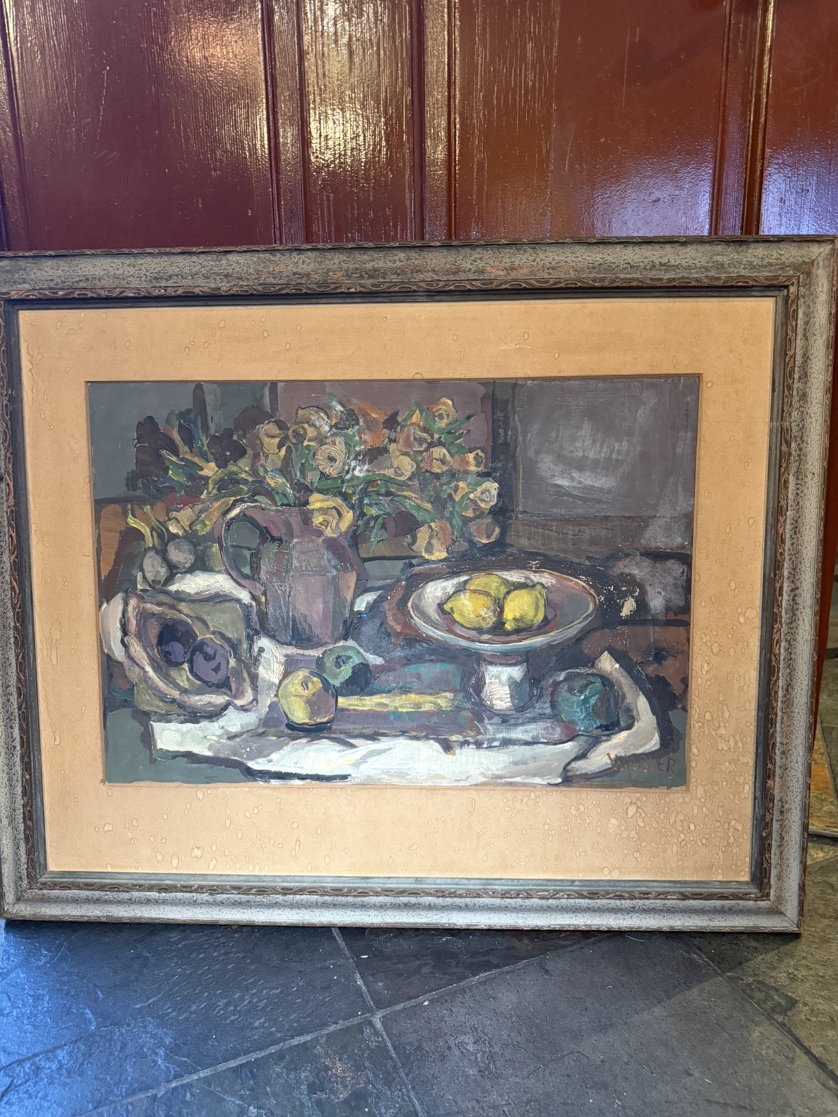 1950 MODERN ABSTRACT WATERCOLOR SIGNED ELSA WARNER”Still Life with Compote”