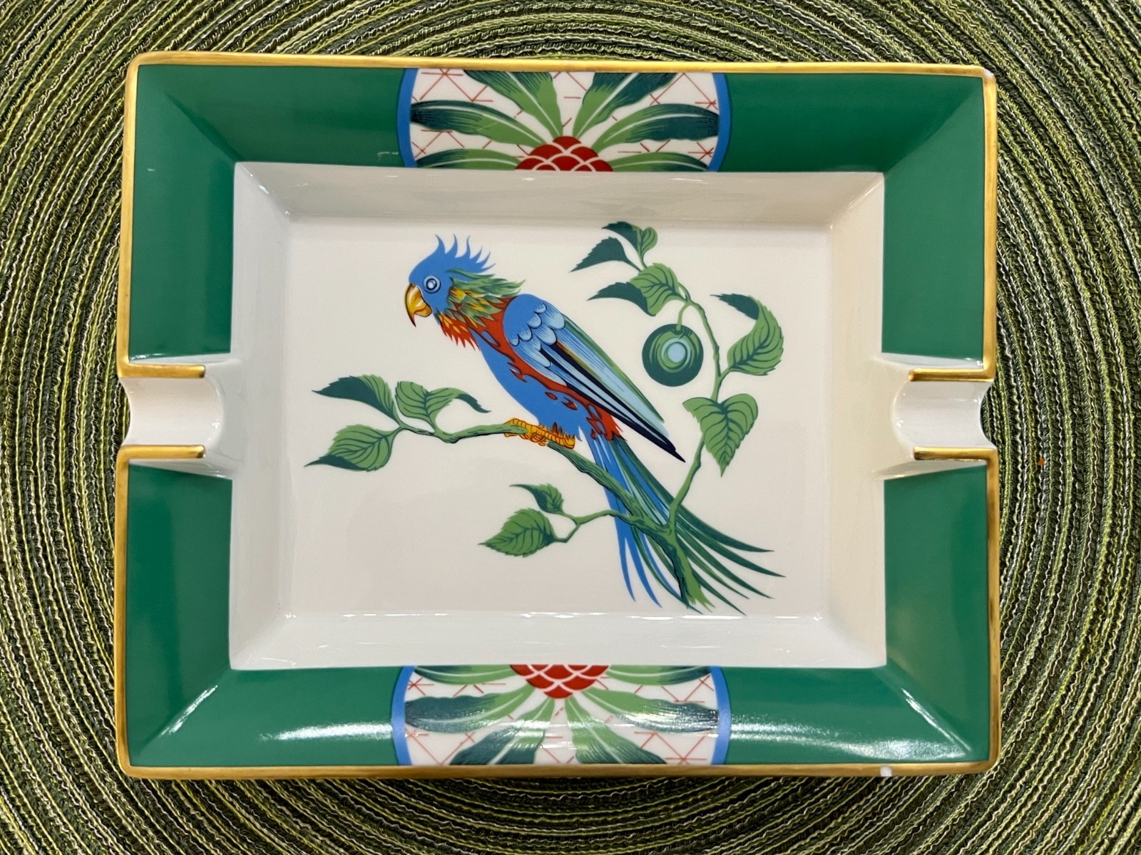 Vintage Hermes Paris Cigar Ashtray Parakeet Bird Change Tray Gold Painted Rim