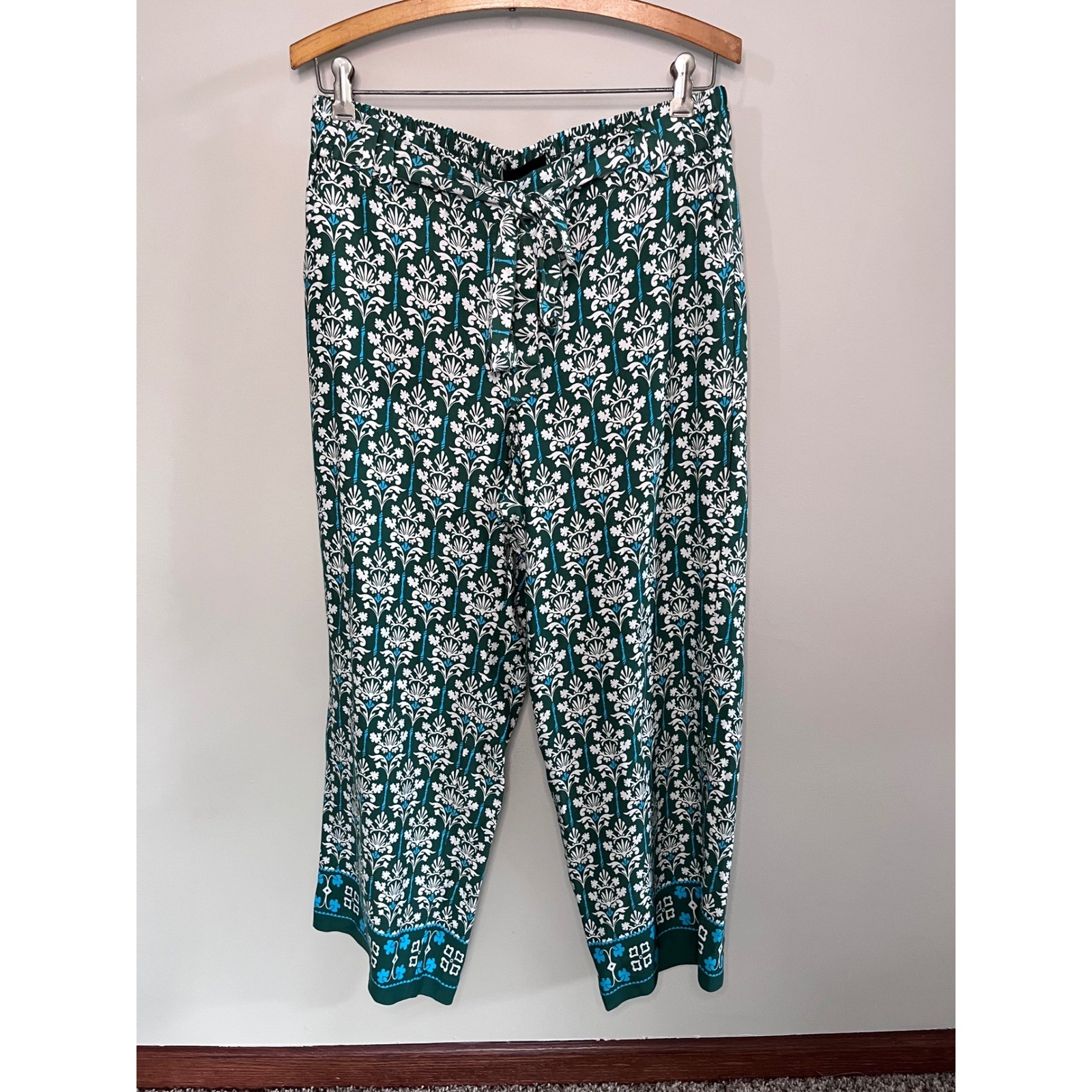Talbots Green Floral Damask Wide Leg Crop Pants Petite Medium MP Drawstring Eco