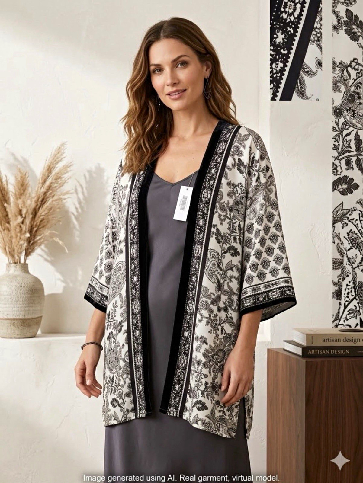 Chico’s NWT Paisley Floral Kimono Cardigan Velvet Trim Boho L/XL