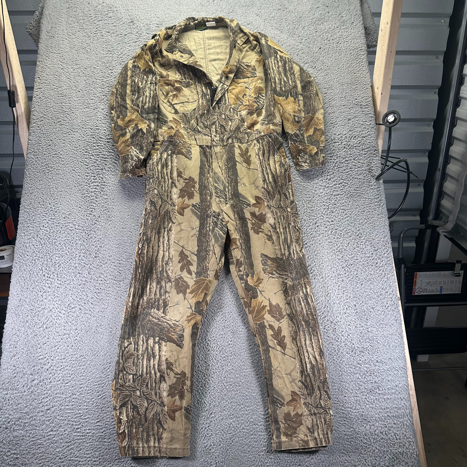 VTG Cabela\'s One-Piece Men L Brown Realtree Camo Polyester Coverall Hunting USA