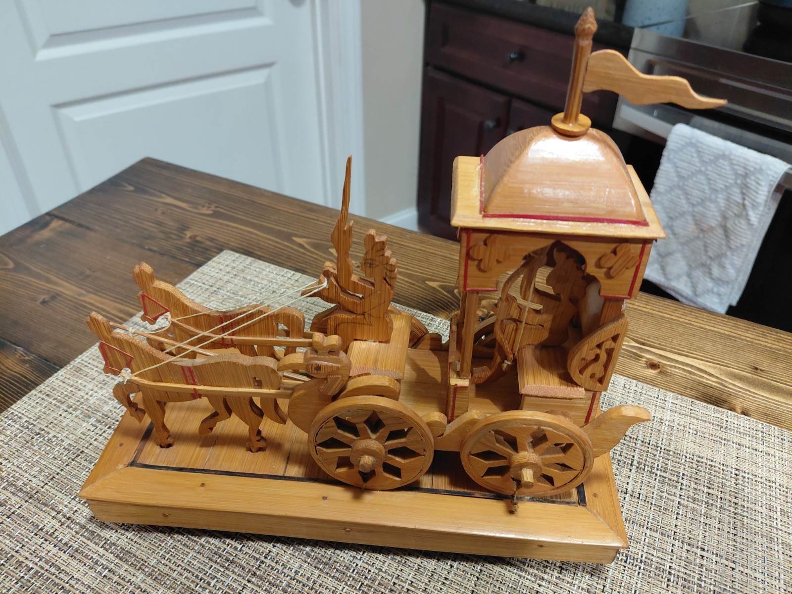 Vintage Wooden Indian Temple Chariot Model – Horses, Figures & Domed Pavilion