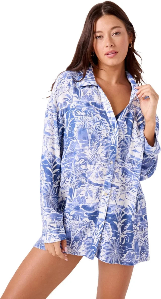 NWT Roxy Women\'s Mana Long Sleeve Camp Shirt Cover Up Medium pmy1326a